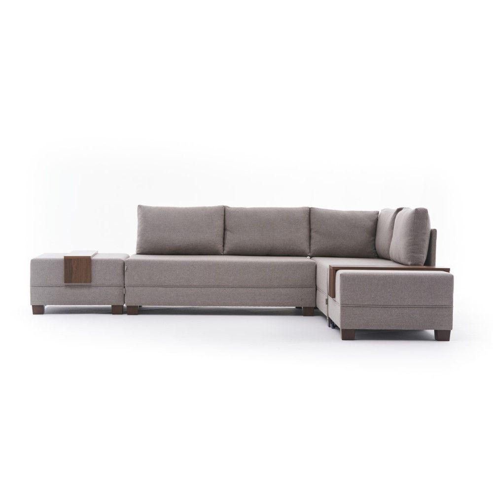 ECKSOFA mit rollbarer Schlaffunktion - Beige/Walnussfarben, Holz/Textil (210/280cm) - myHomelando