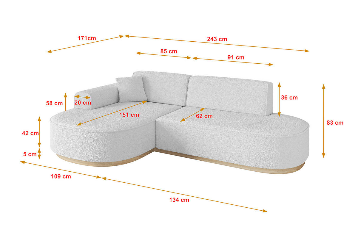 ECKSOFA Ottomane Links MARI-L1-v1 - 243x171x83 cm Weiß Bouclé - Weiß, Holzwerkstoff/Textil (243/171cm) - ALTDECOR