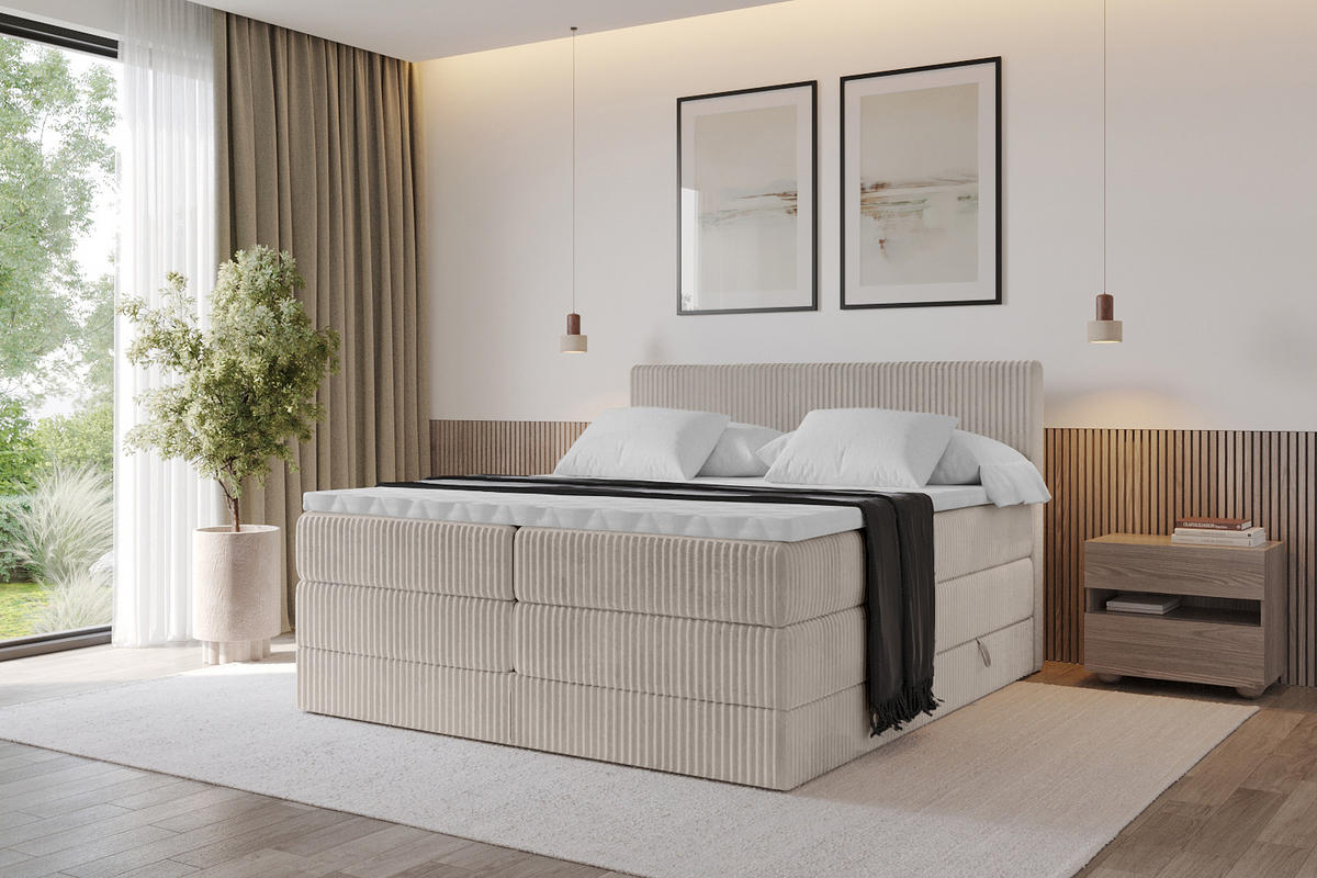 BOXSPRINGBETT mit Matratze H3|H4 und Lattenrost - TOLO KING 120x200 Cord - Aschgrau - Alufarben, Holzwerkstoff (120/200cm) - ALTDECOR