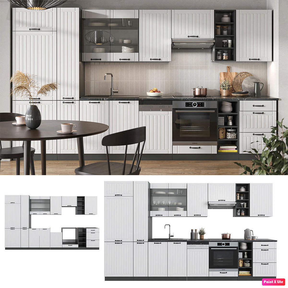 KÜCHENZEILE Fame-Line Weiß Landhaus/Anthrazit 355 cm, AP Anthrazit - Anthrazit/Creme, Holzwerkstoff (355/81.6/60cm) - Vicco