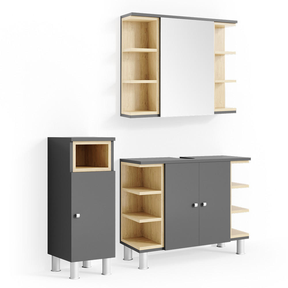 BADMÖBEL-SET Aquis Anthrazit 3 Teile - Anthrazit/Sonoma Eiche, Holzwerkstoff (79.6/64/32cm) - Vicco