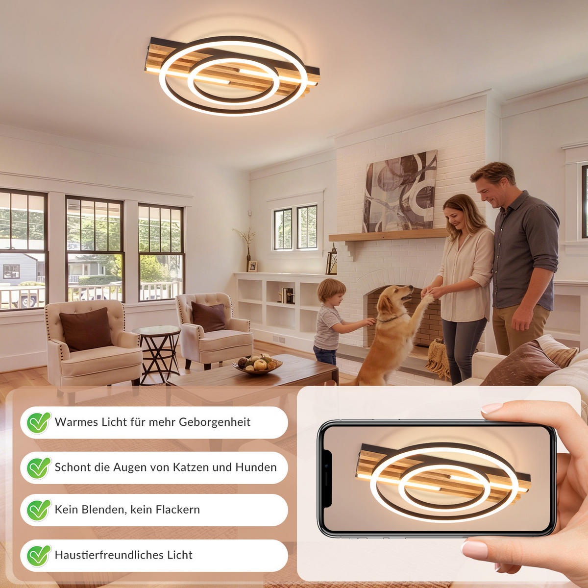 LED DECKENLEUCHTE Qlenli 38/32/6.8 cm - Schwarz, Holz/Metall (38/32/6.8cm) - ZMH