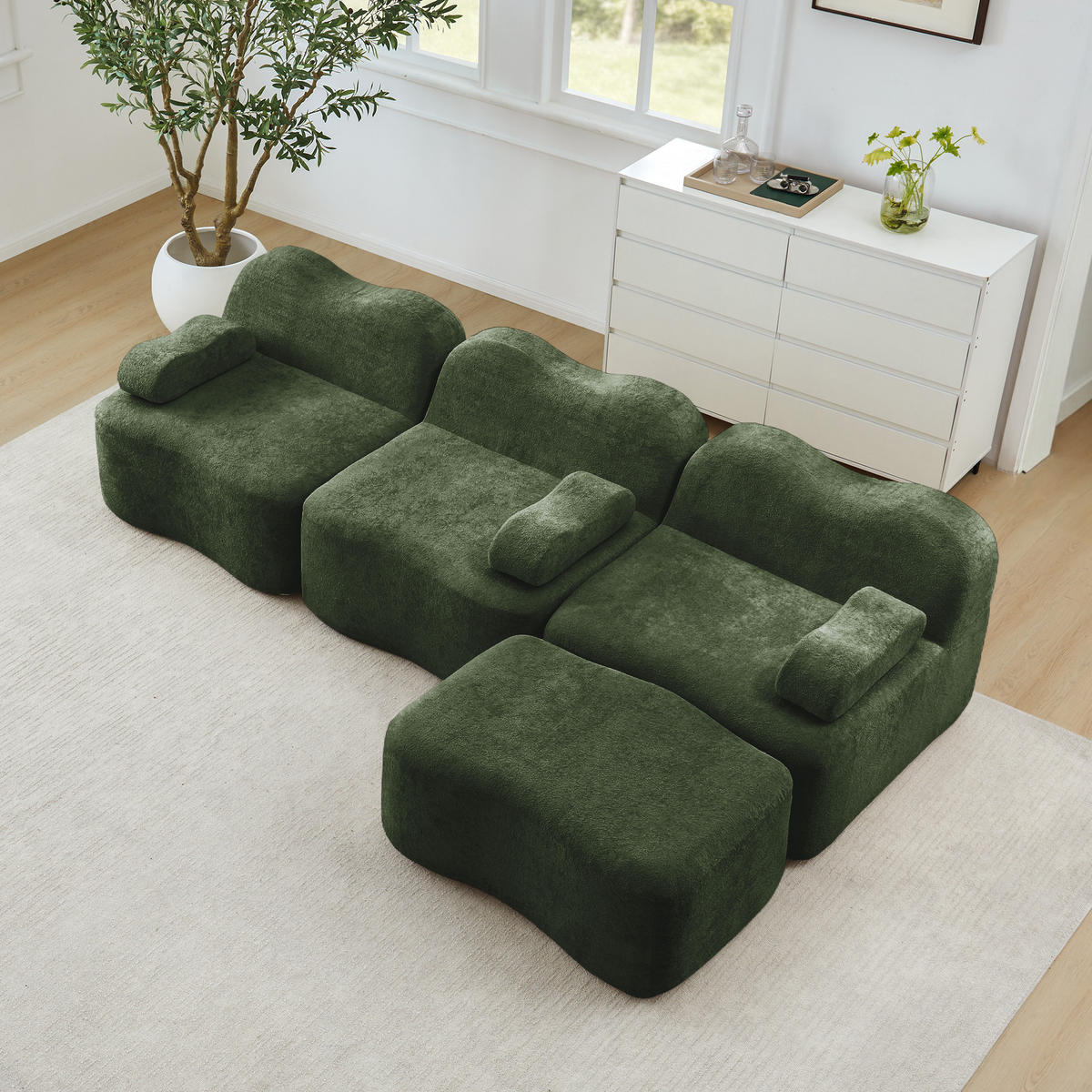 3-SITZER SOFA Samt Grün mit Hocker - Grün, Textil (288/167cm) - WISHDOR