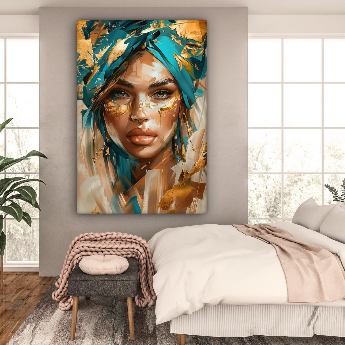 LEINWANDBILD Frau - Porträt - Gold - Luxus - Blau Deko Groß 90x140 cm - Türkis, Textil (90/140cm) - MuchoWow