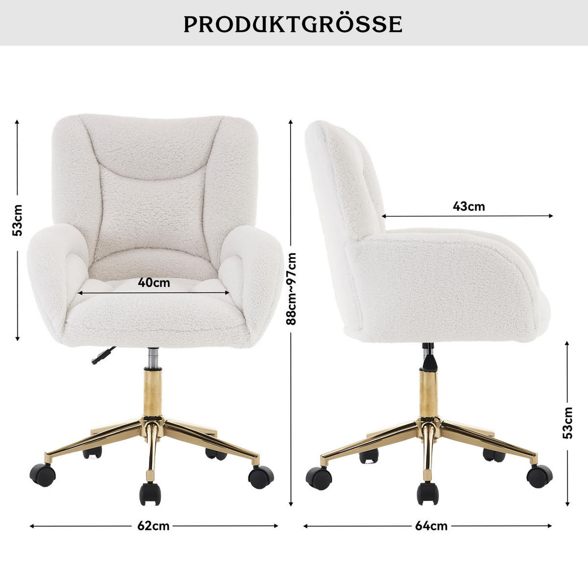 DREHSTUHL 64/62/92,5 cm in Weiß höhenverstellbar mit Teddybezug - Weiß, Textil (62/92.5/64cm) - Flora Grace