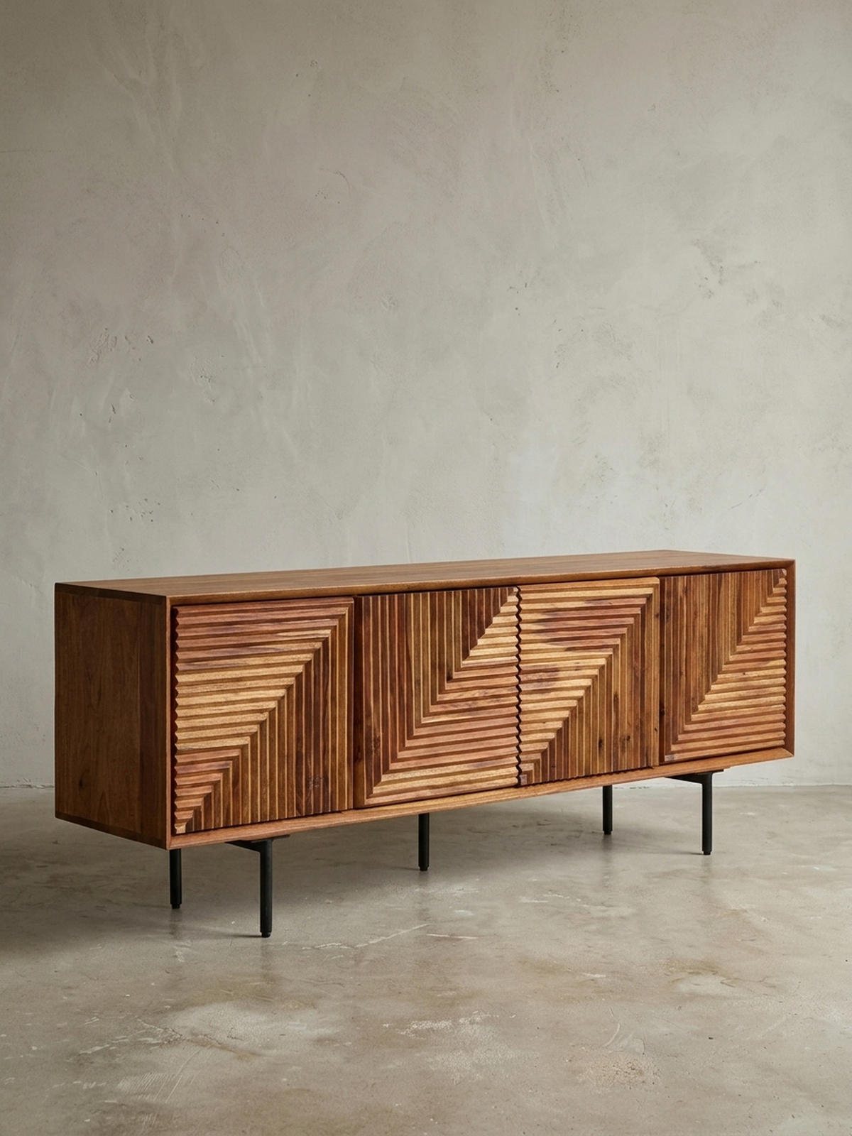 LOWBOARD Massivholz Modern Stil Modell Spectrum mit 3D-Oberfläche und Edelstahl-Gestell - Schwarz/Braun, Holz/Metall (140/54/33cm) - KADIMA DESIGN