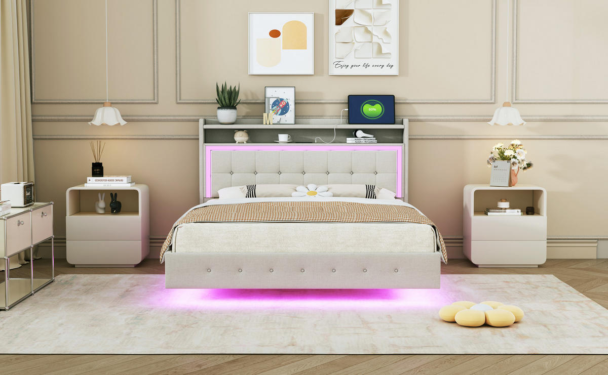 POLSTERBETT 140x200 cm LED USB beige - Beige, Textil (140/200cm) - Fortuna Lai