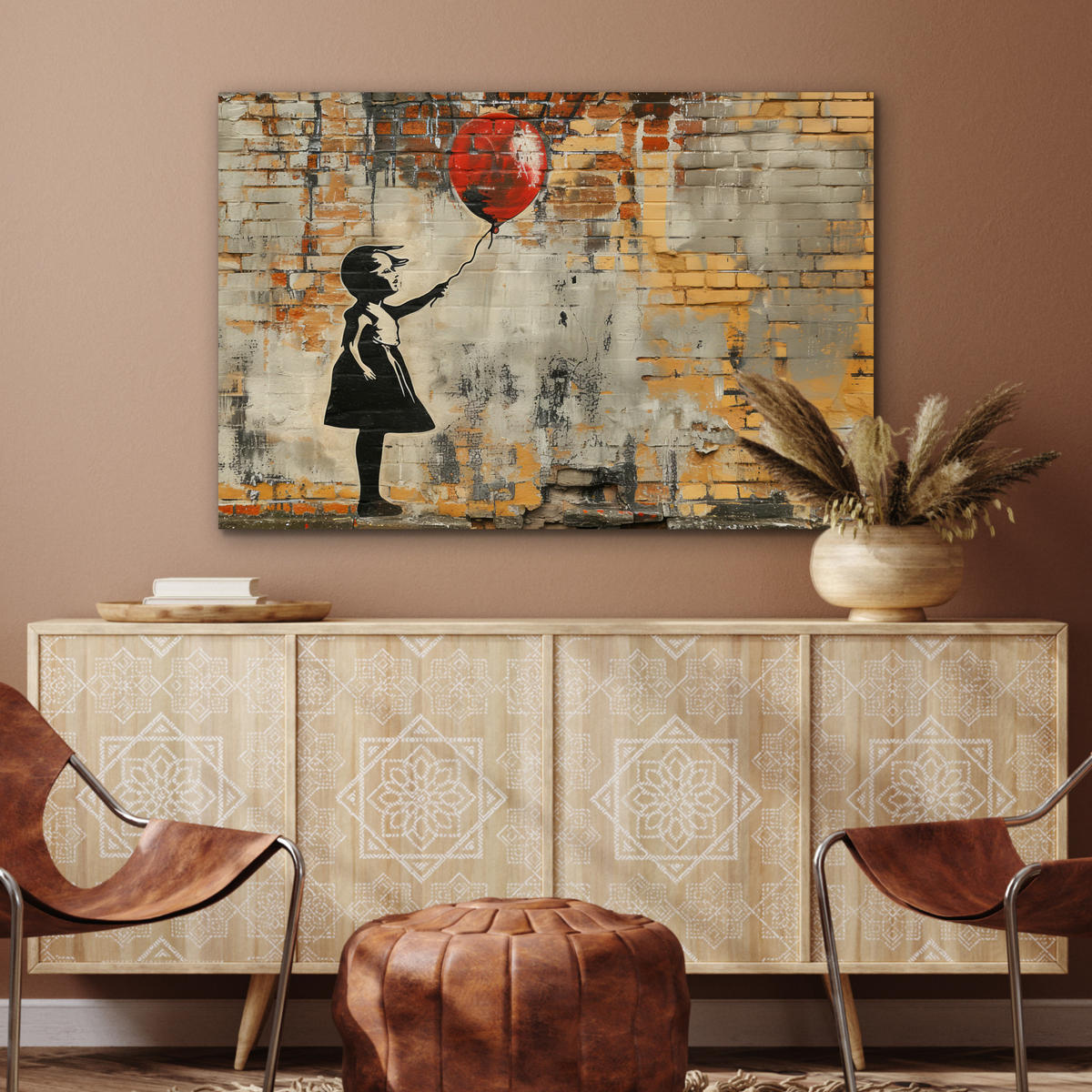METALLBILD Graffiti - Banksy - Mädchen - Straßenkunst 90x60 cm - Sandfarben, Metall (90/60cm) - MuchoWow