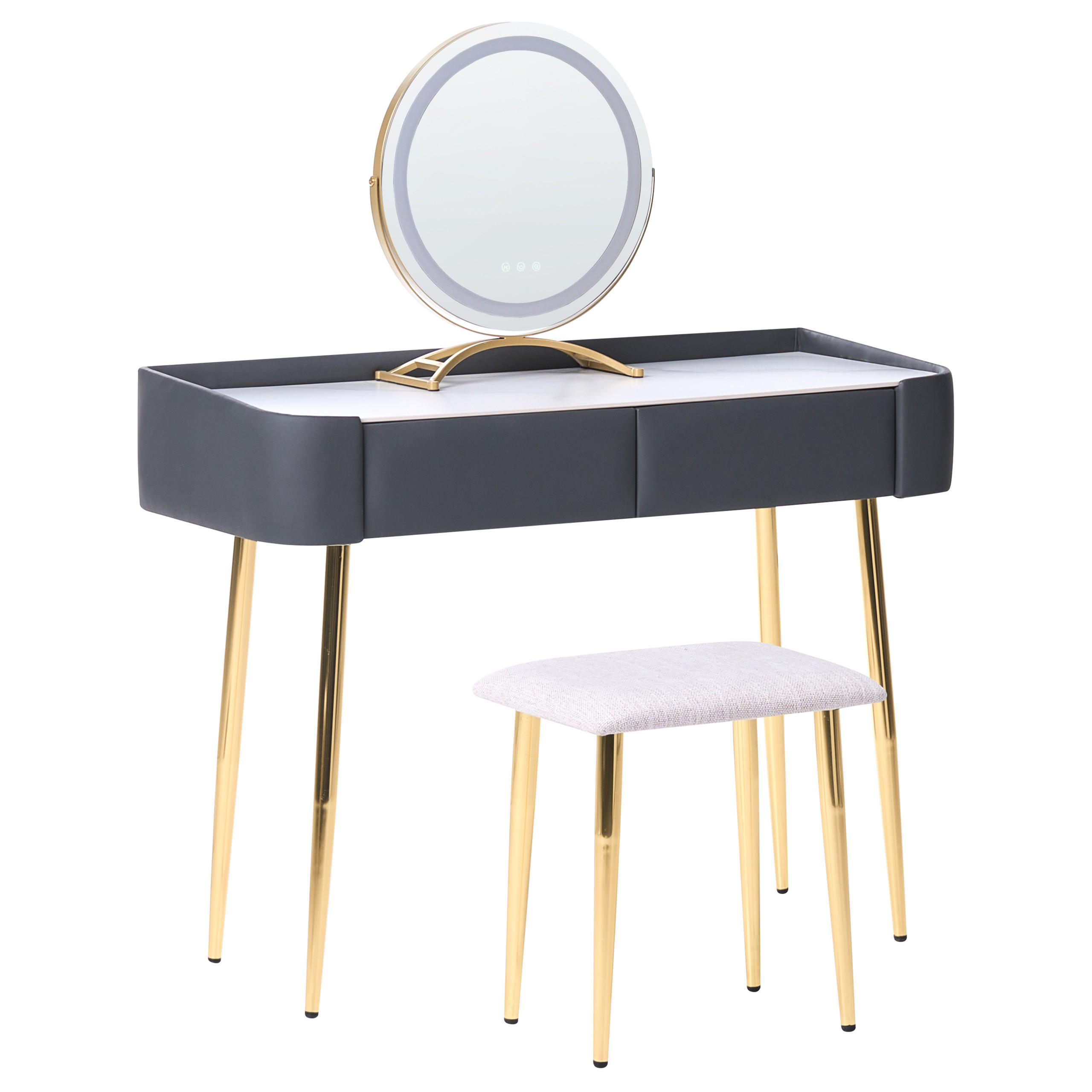 SMINKBORD med rund LED-spegel och pall 2 lådor grått/guld Surin - Vit/Grå, Träbaserade material (100/133/41cm) - Beliani