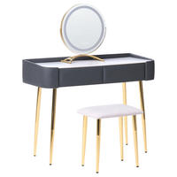 SCHMINKTISCH mit rundem LED-Spiegel Hocker 2 Schubladen grau/gold Surin - Goldfarben/Weiß, Holzwerkstoff (100/133/41cm) - Beliani
