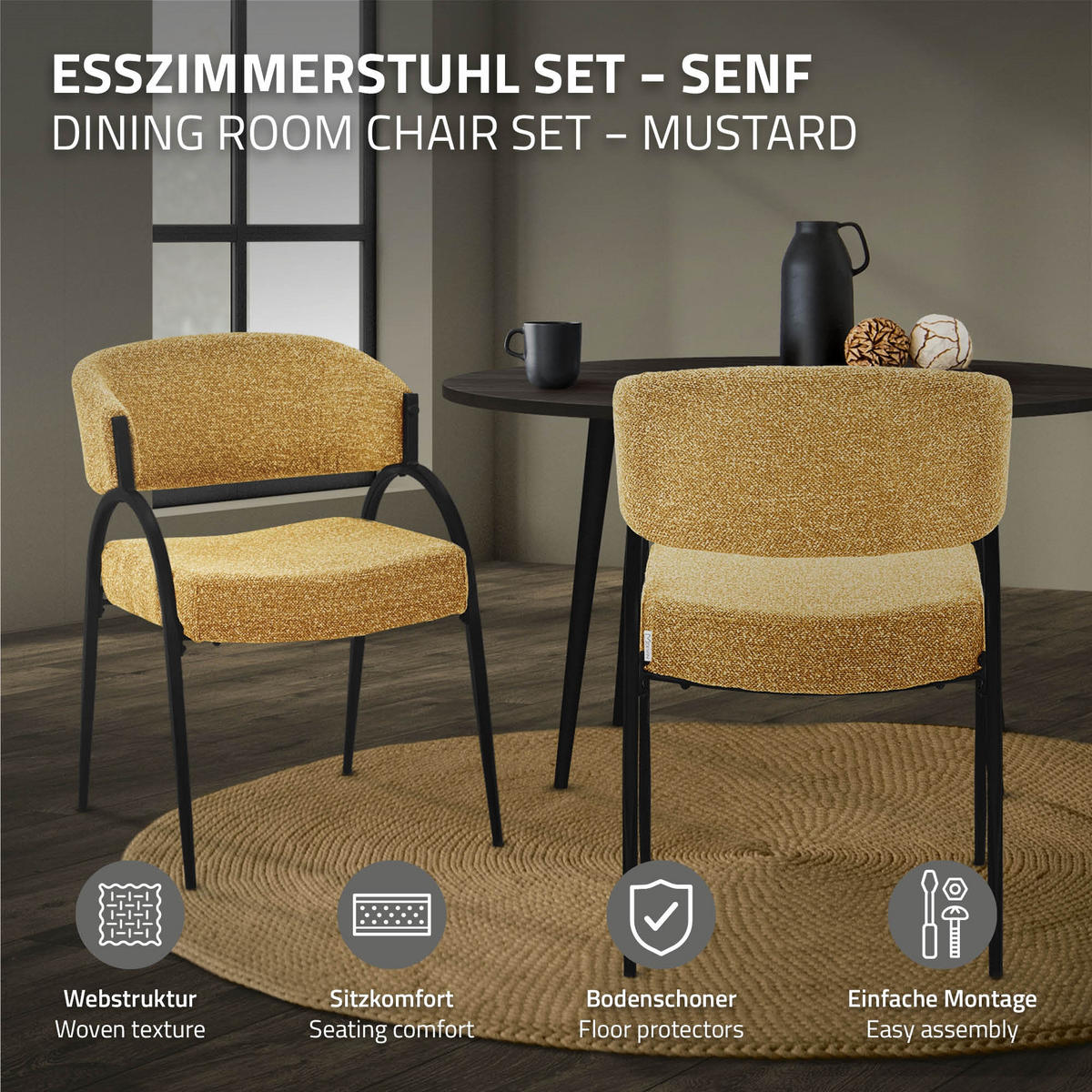 ESSZIMMERSTUHL 2er Set Küchenstühle gepolstert mit Webstoff-Bezug und Arm- und Rückenlehne Senf - Gelb/Schwarz, Textil/Metall (54/81/65cm) - ML-DESIGN
