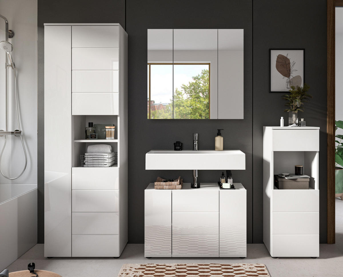 BADSCHRANK weiß Hochglanz 60 x 190 cm, Hochschrank mit 11 Fächern - Weiß Hochglanz/Schwarz, Holzwerkstoff/Kunststoff (60/190/34cm) - Inn.Furn