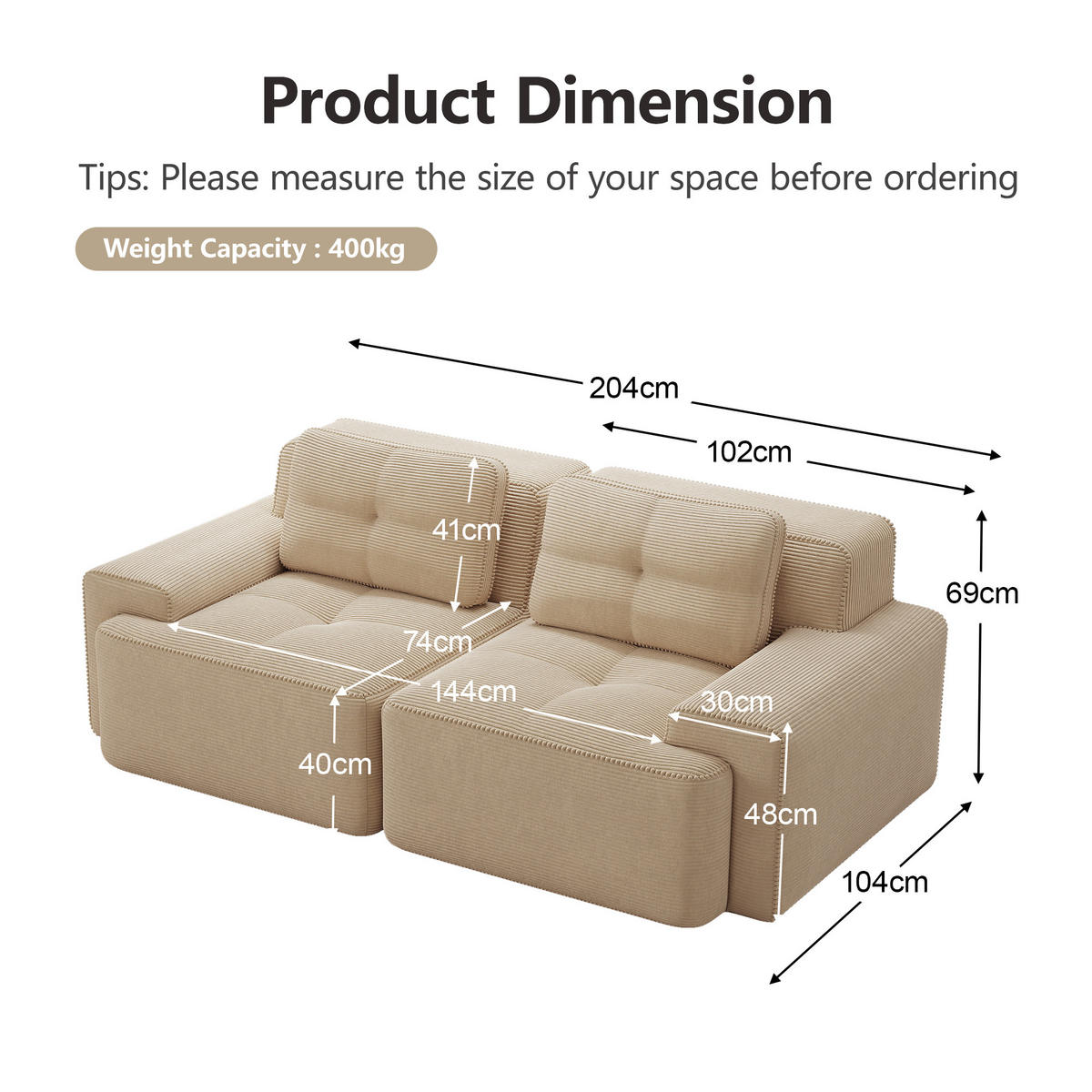 2-SITZER SOFA Cord Beige mit rutschfester Basis - Beige, Textil (204/69/104cm) - WISHDOR