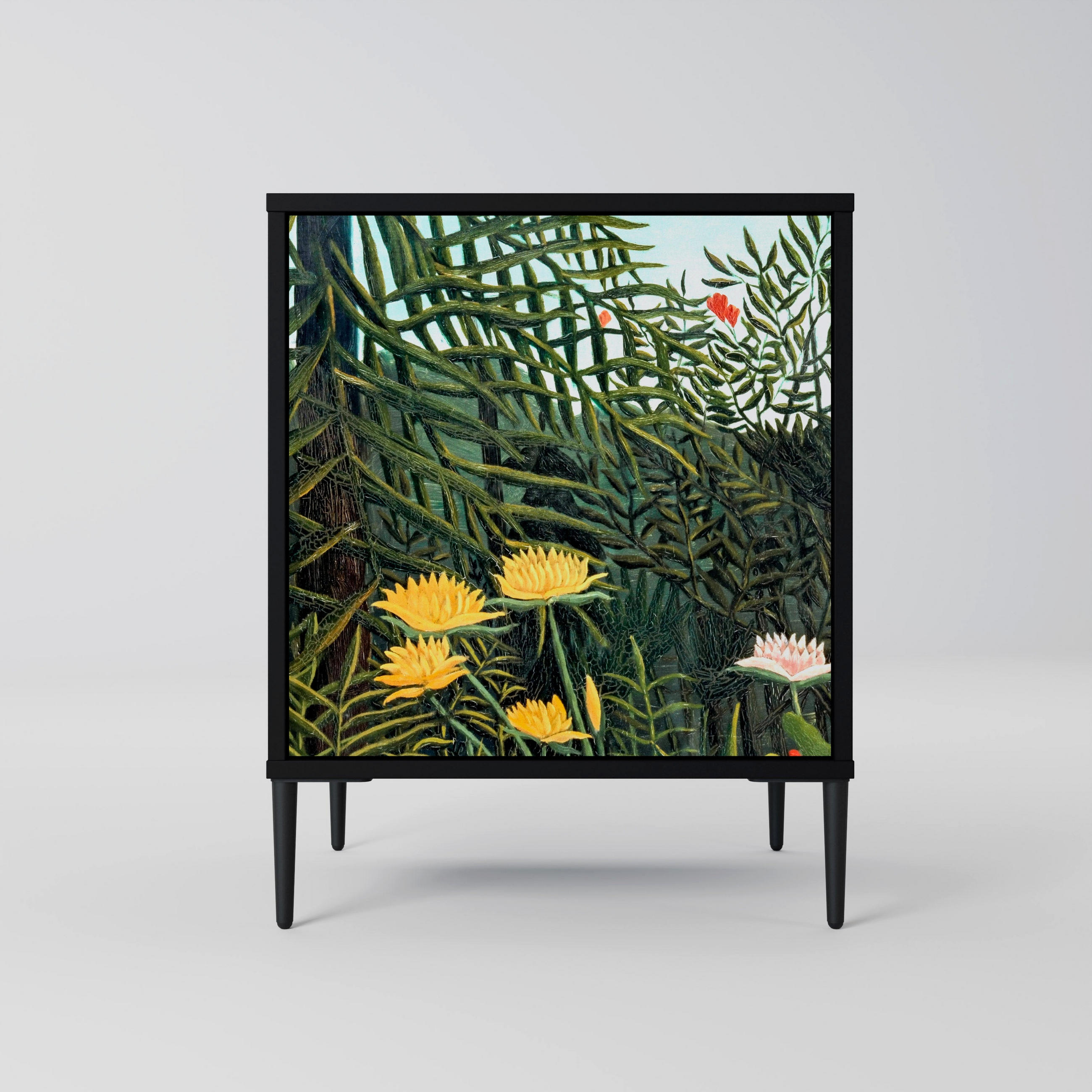 SIDEBOARD VIRGIN FOREST WITH SUNSET, Schwarz, 57,5x42x72,5 cm, Schwarze Metallfüße - Multicolor/Schwarz, Holzwerkstoff/Metall (57.5/72.5/42cm) - SpaceRebels