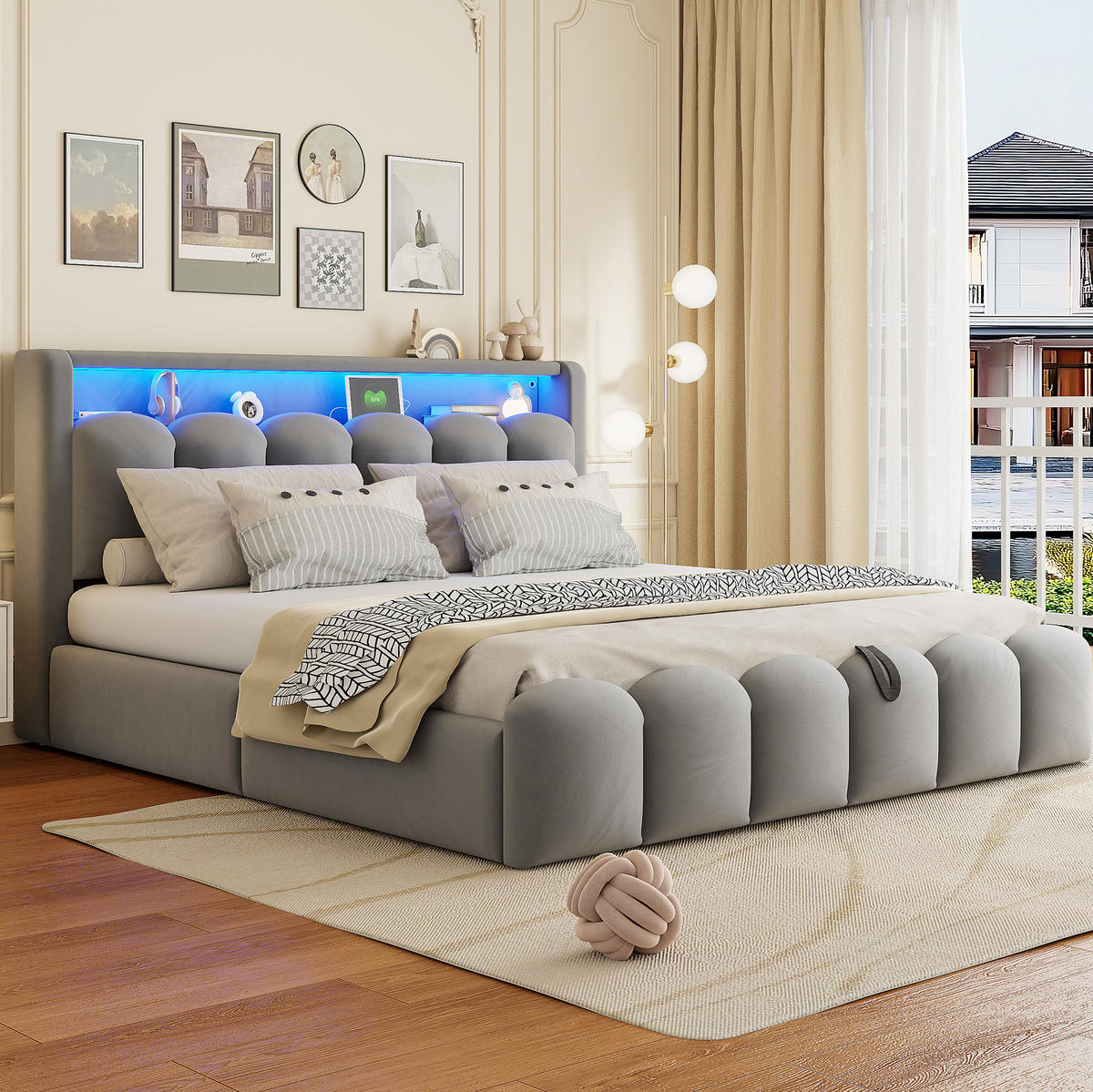ČALÚNENÁ posteľ 180/200 cm s LED osvetlením, USB a Type-C portmi, hydraulickým úložným priestorom a zamatovým poťahom, Sivá - sivá, textil (180/200cm) - Redom