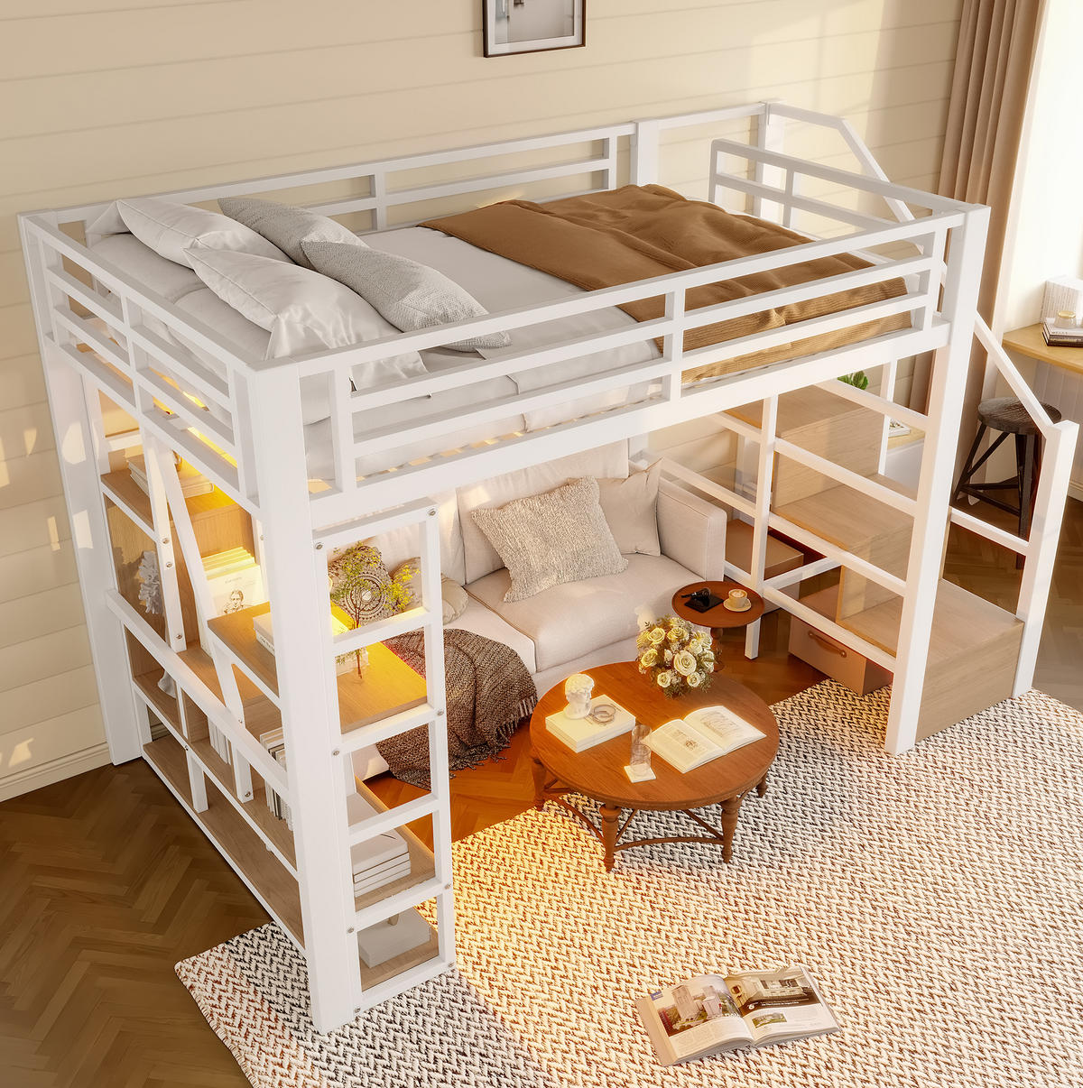 HOCHBETT 140/200 cm Weiß aus Metall und MDF mit LED-Lichtleiste - Weiß, Holzwerkstoff (140/200cm) - OKMYHOME