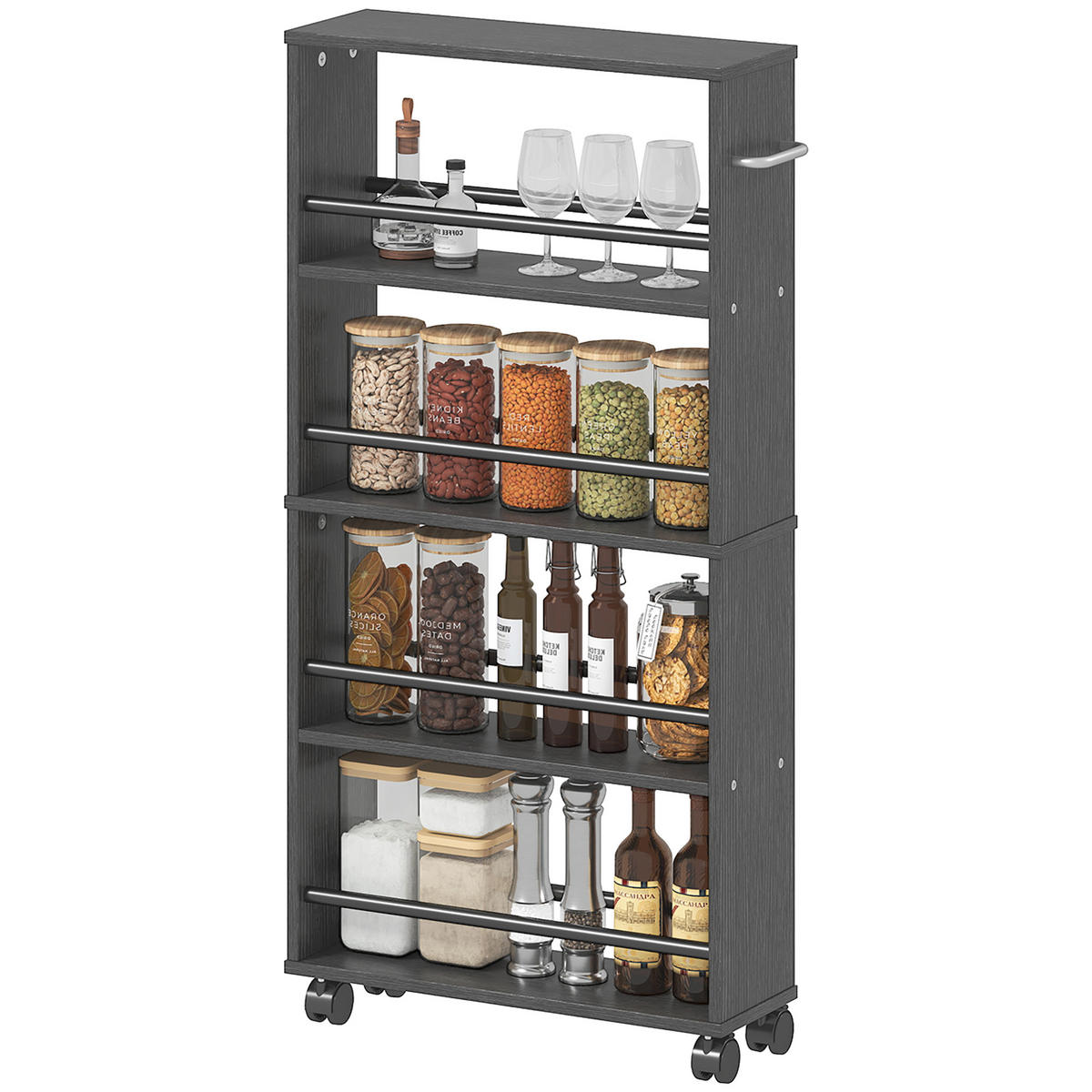 MULTIFUNKTIONSREGAL DE-08511 mit Rollen und 4 Fächern Schwarz - Schwarz, Metall (15/91/45cm) - ComfortXL