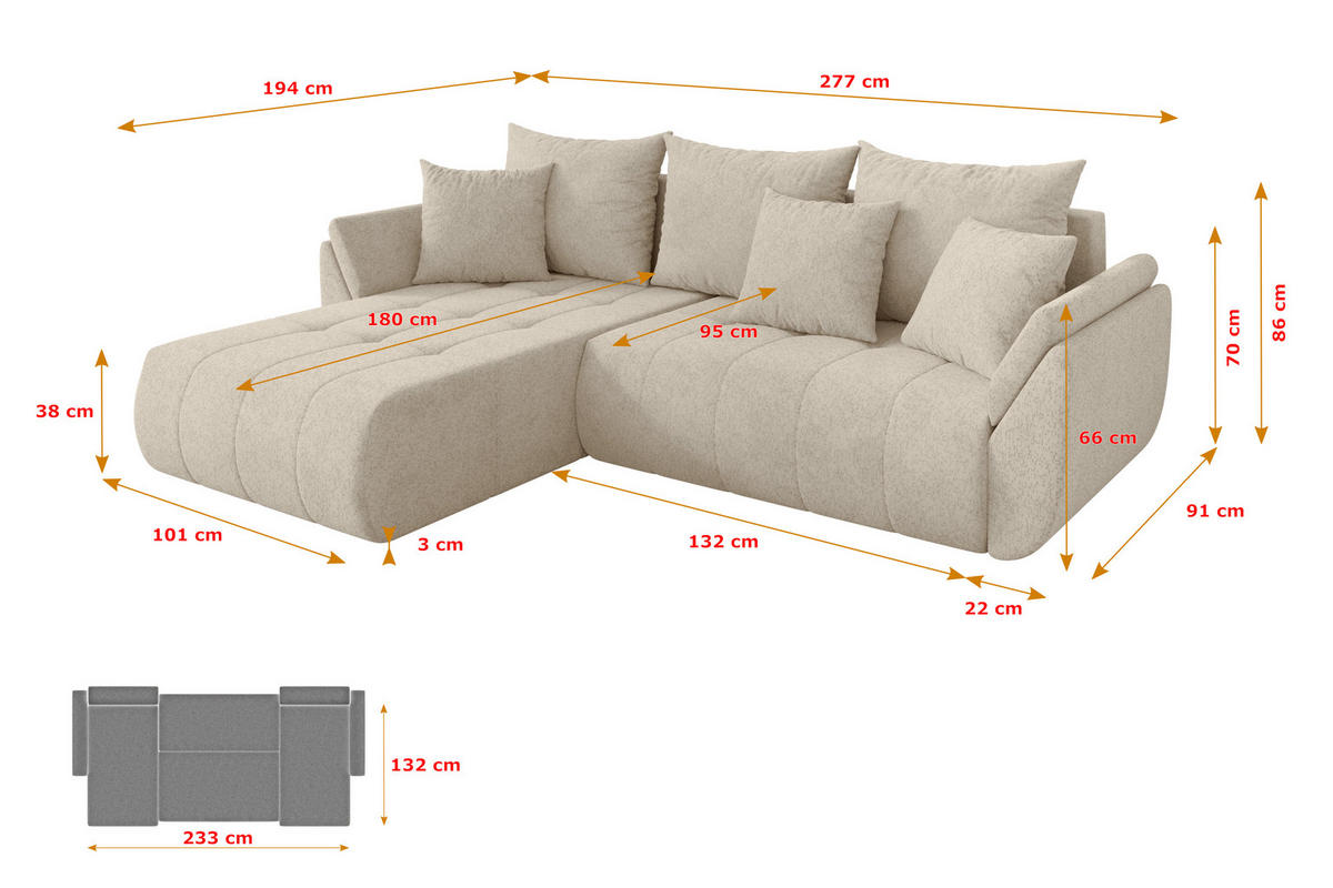 ROHOVÁ SEDAČKA s funkcí spaní, otoman vlevo TOKO-L 277x194x86 krémová velur - černá/krémová, kompozitní dřevo/textil (277/194cm) - ALTDECOR