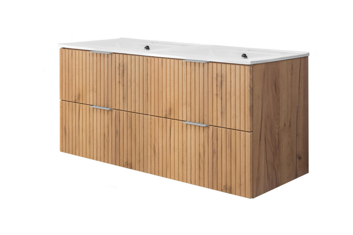 WASCHBECKUNTERSCHRANK, Eiche Craft, 120 (2 x 60) x 57 x 46 cm, silberner Griff, ohne Arbeitsplatte - Eichefarben/Silberfarben, Holzwerkstoff (120/57/46cm) - 3XE LIVING