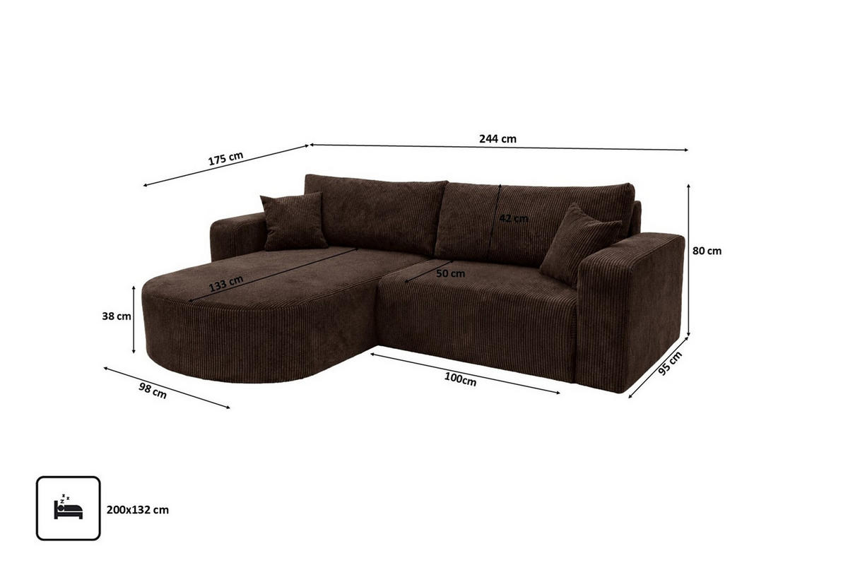 ECKSOFA Mit Schlaffunktion, Cordstoff Poso, Braun, Links, ROUND ONE - Braun, Holz (244/175cm) - Kaiser Möbel