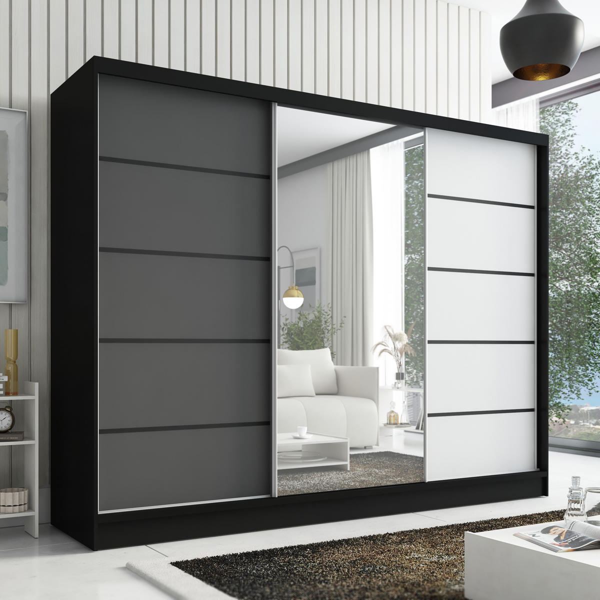 SCHWEBETÜRENSCHRANK 200 cm AURELIA 2 Farbe: Schwarz, Graphit, Weiß - Schwarz/Graphitfarben, Holzwerkstoff (200/215/60cm) - A&J MöbelLand