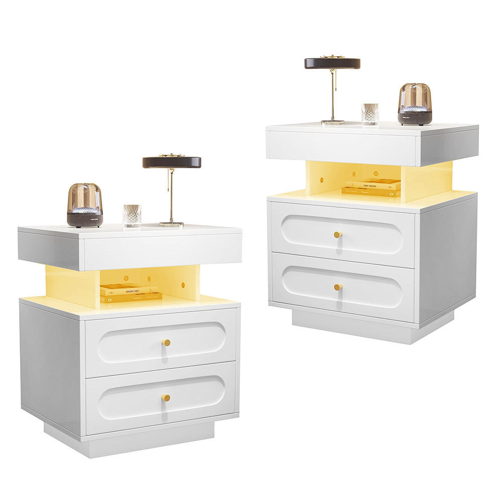 NACHTISCH mit LED-Beleuchtung,2 Schubladen und offenem Stauraum (2er Set) - Weiß, Holz (40/60/50cm) - KOMHTOM