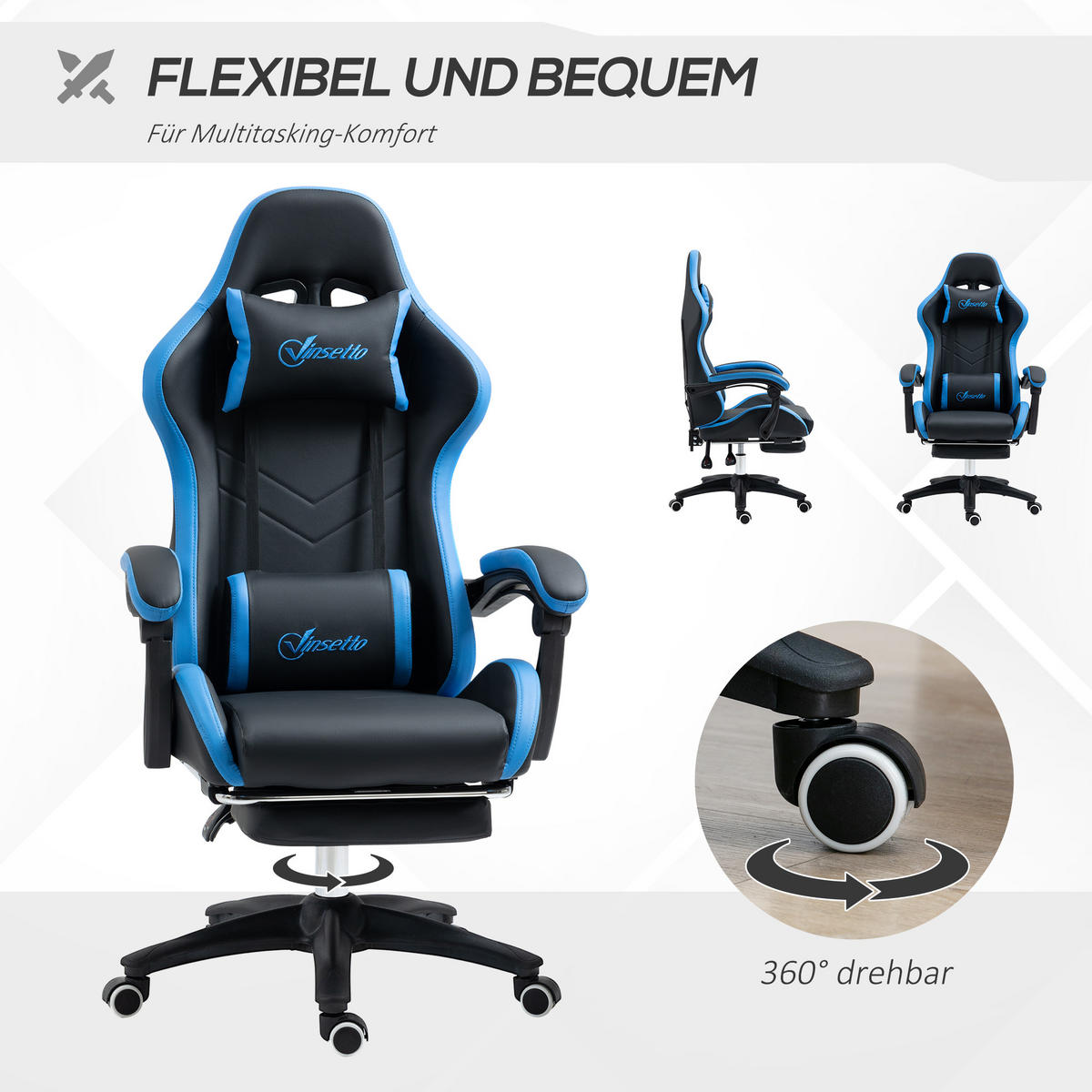 GAMING Stuhl, Kunstleder, Schwarz+Blau - Multicolor, Leder (65/129/65cm) - Vinsetto