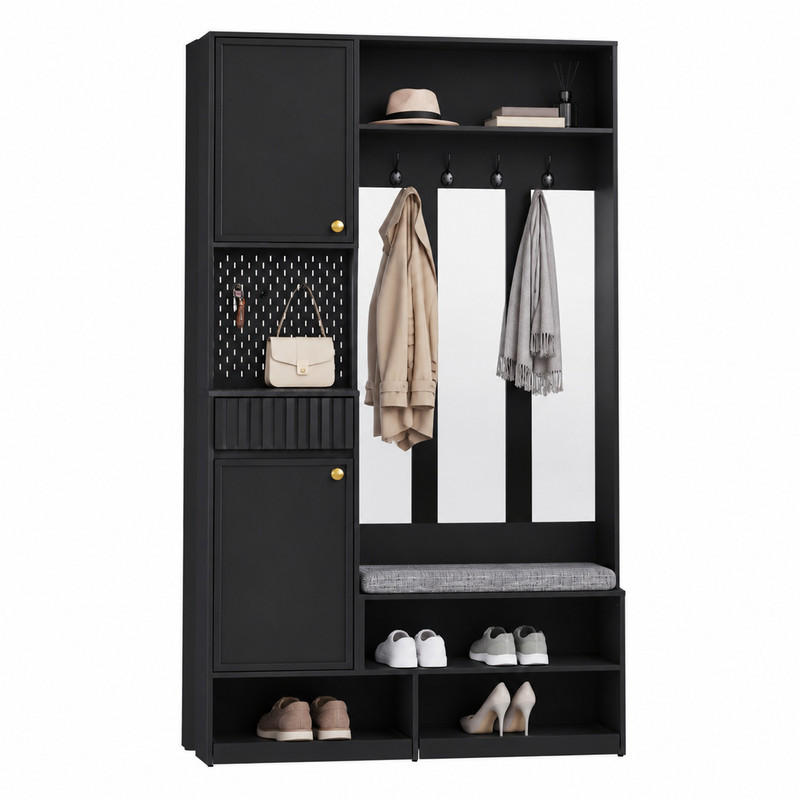 GARDEROBENSET mit Sitzbank 100 x 35 x 180 cm MDF Black 6-in-1 - Schwarz, Holzwerkstoff (35/180/100cm) - Beauniv