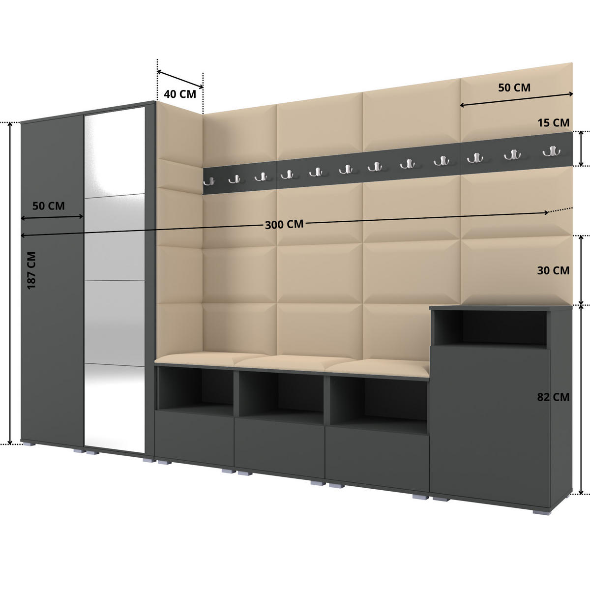 GARDEROBE NELA XII 300 cm (Modulare Flurmöbel Graphit mit Spiegel & Sitzpolster Beige 04 Gigantisches Set) - Beige/Silberfarben, Holz/Holzwerkstoff (300/187/40cm) - Ravio