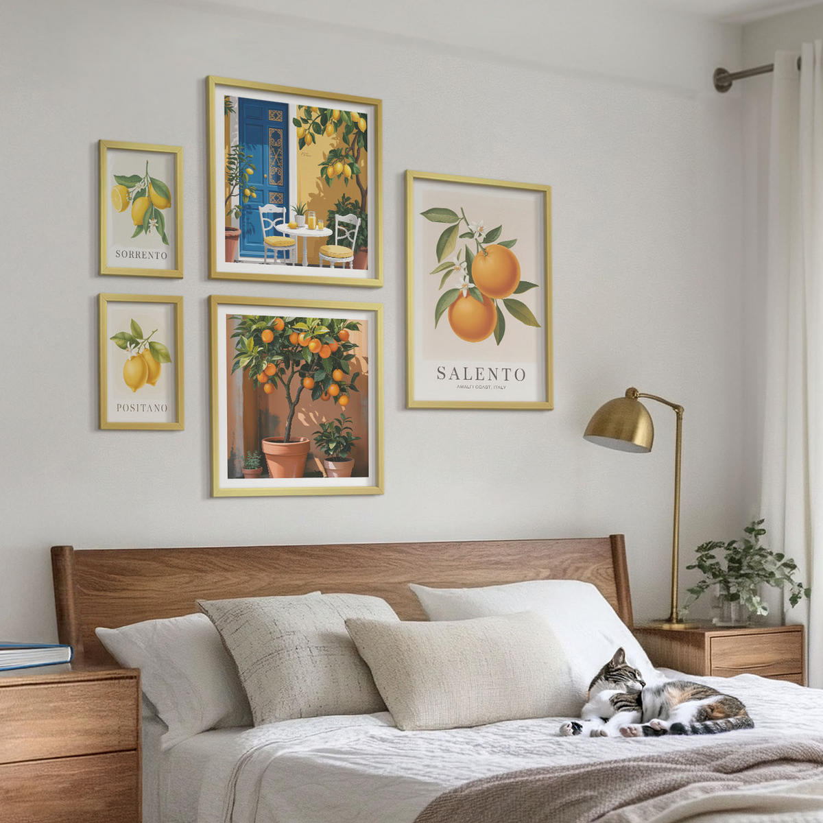 BILDER SET 5er Set - 50x50 cm & 20x30 cm & 40x60 cm Goldrahmen - Zitronenorange Blütenmuster - Goldfarben, Kunststoff (40/60cm) - TULUP