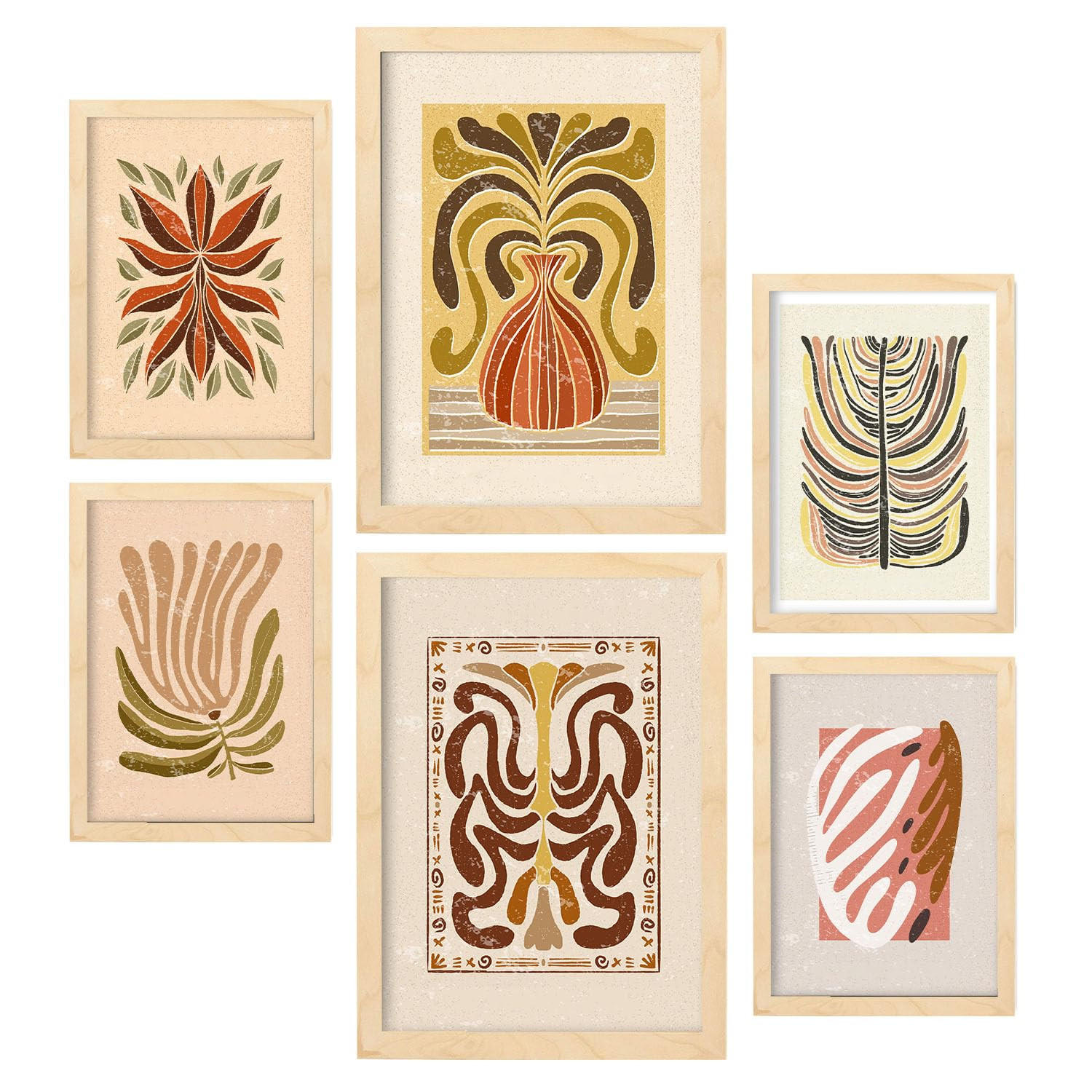POSTER Set Mit 6 Drucken Von Stielen In Der Sammlung Ethnischer Style Drucke Dekorative Für Zuhause Wandkunstdruck A3 & A4 Rahmen Aus Hellem Holz - Beige, Papier (29/3cm) - Nacnic