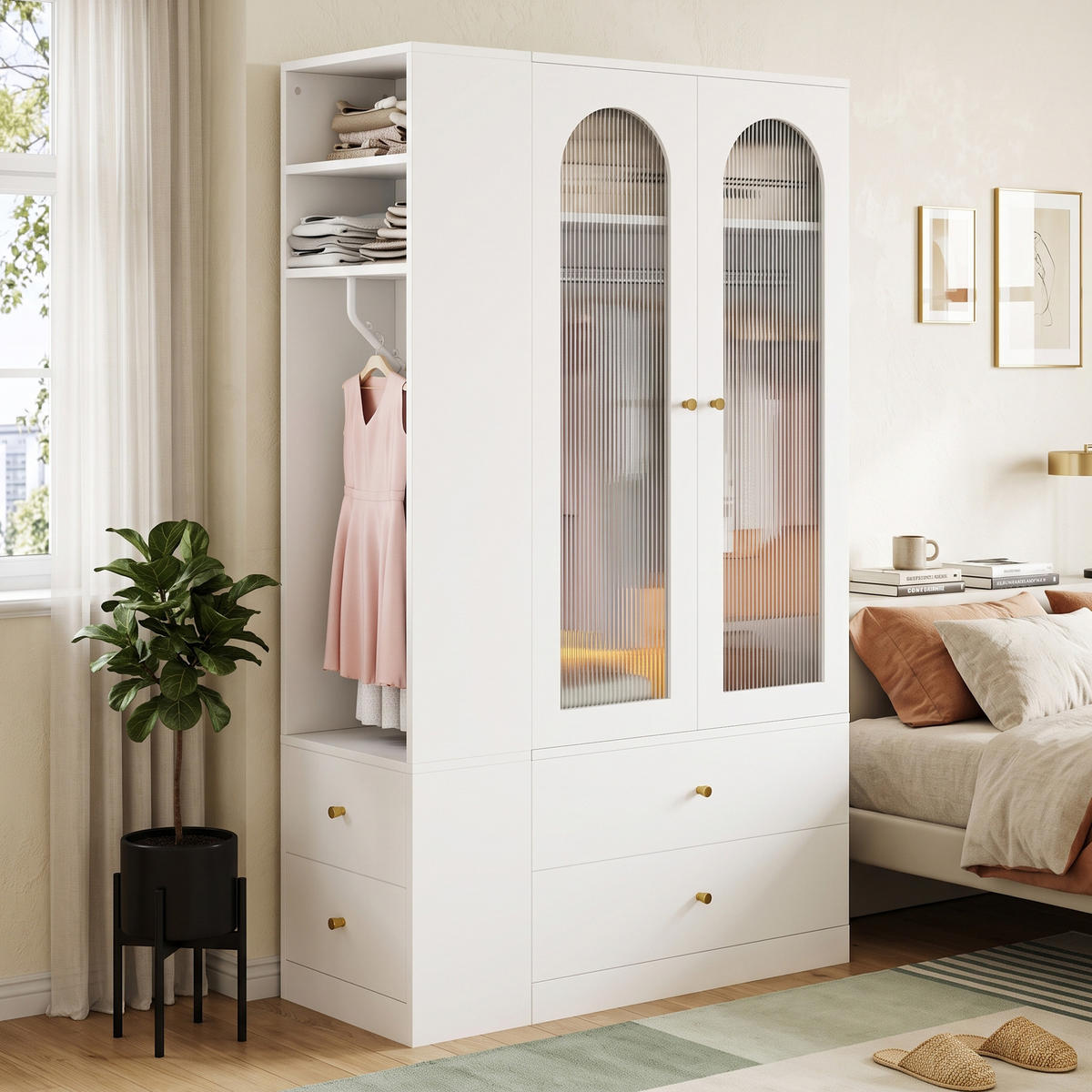 KLEIDERSCHRANK Weiß 120x200cm, 4 Schubladen, 2 Glastüren & 2 Kleiderstangen - Weiß, Holzwerkstoff (120/200/50cm) - Urban Meuble