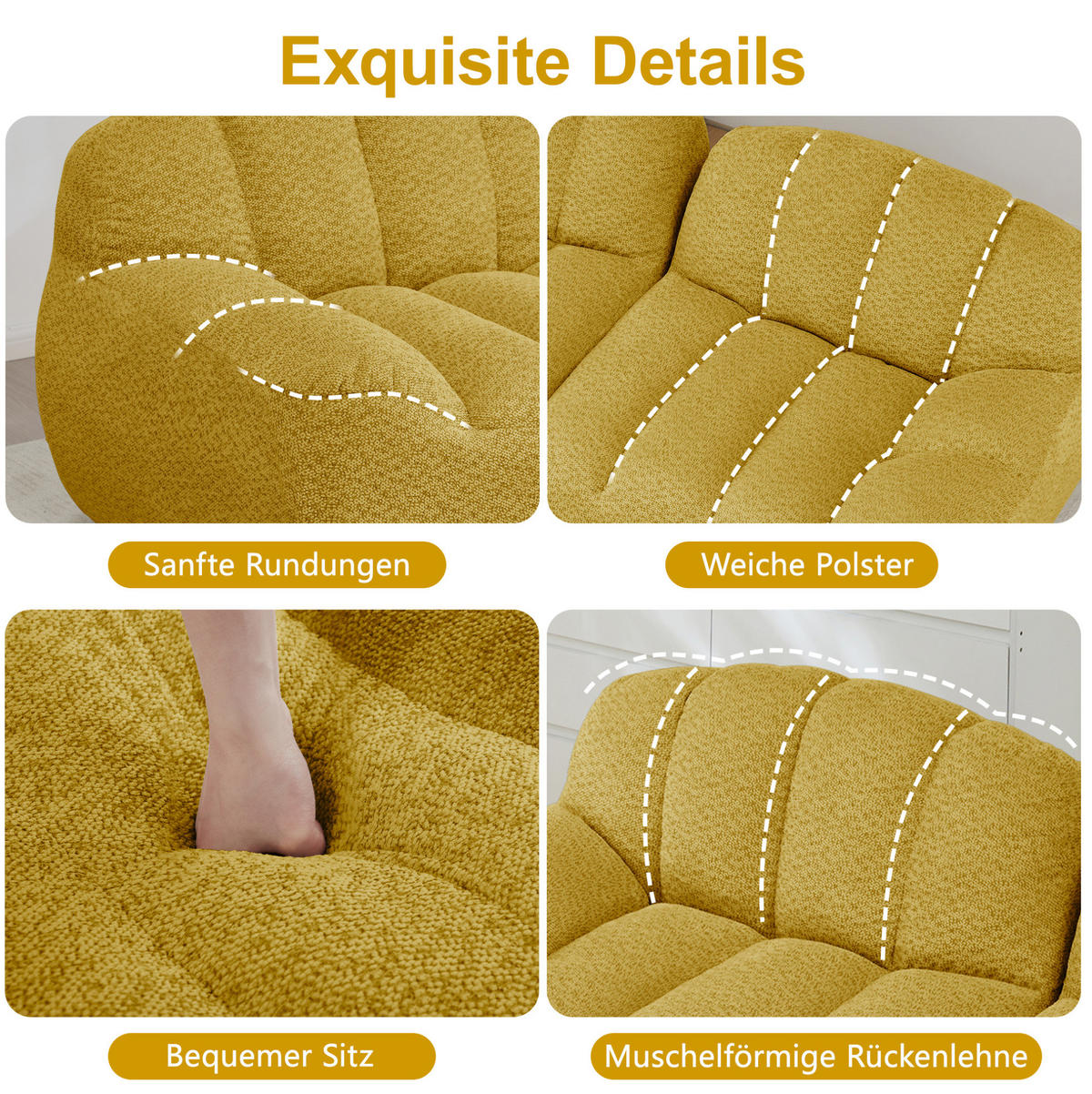 ECKSOFA mit Bezug aus granuliertem Fleece in Gelb 288x165x79 cm, modularer 3-Sitzer mit Ottomane - Gelb, Textil (165/288cm) - IVMEU