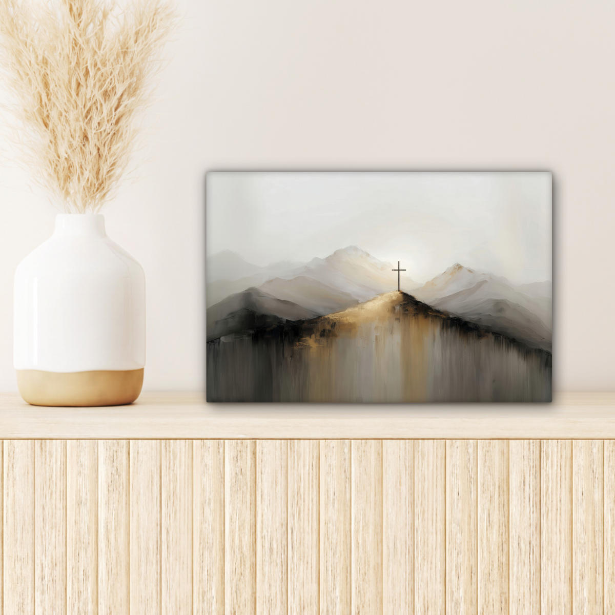 LEINWANDBILD Hügel - Abstrakt - Kreuz - Christentum Deko Schlafzimmer 30x20 cm - Beige, Textil (30/20cm) - MuchoWow