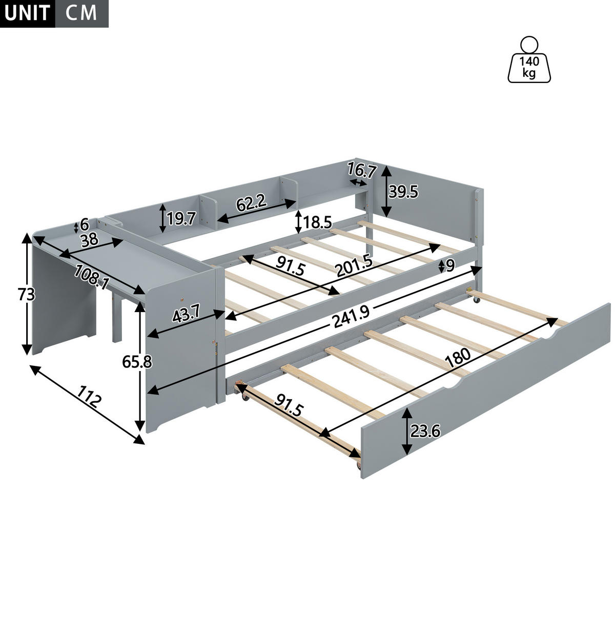 FLACHBETT 90/200 cm Grau mit ausziehbarem Bett und Schreibtisch aus Kiefernholz und MDF - Grau, Holz (90/200cm) - OKWISH