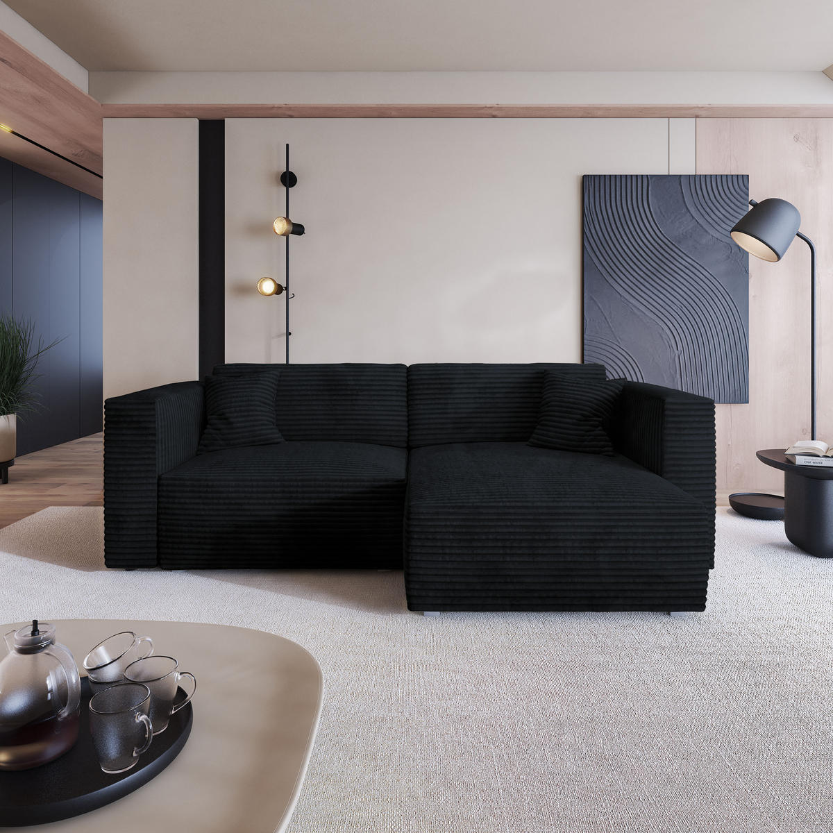 ECKSOFA NERIO Schwarz Kordstoff mit Schlaffunktion - Schwarz, Holz (245/148cm) - MASSENO