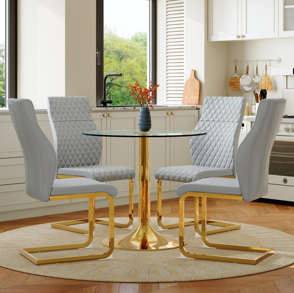 TISCH-STUHL-SET Glas 85 cm Gold Hellgrau 5-tlg. - Goldfarben, Metall (85/76/85cm) - Meubliv