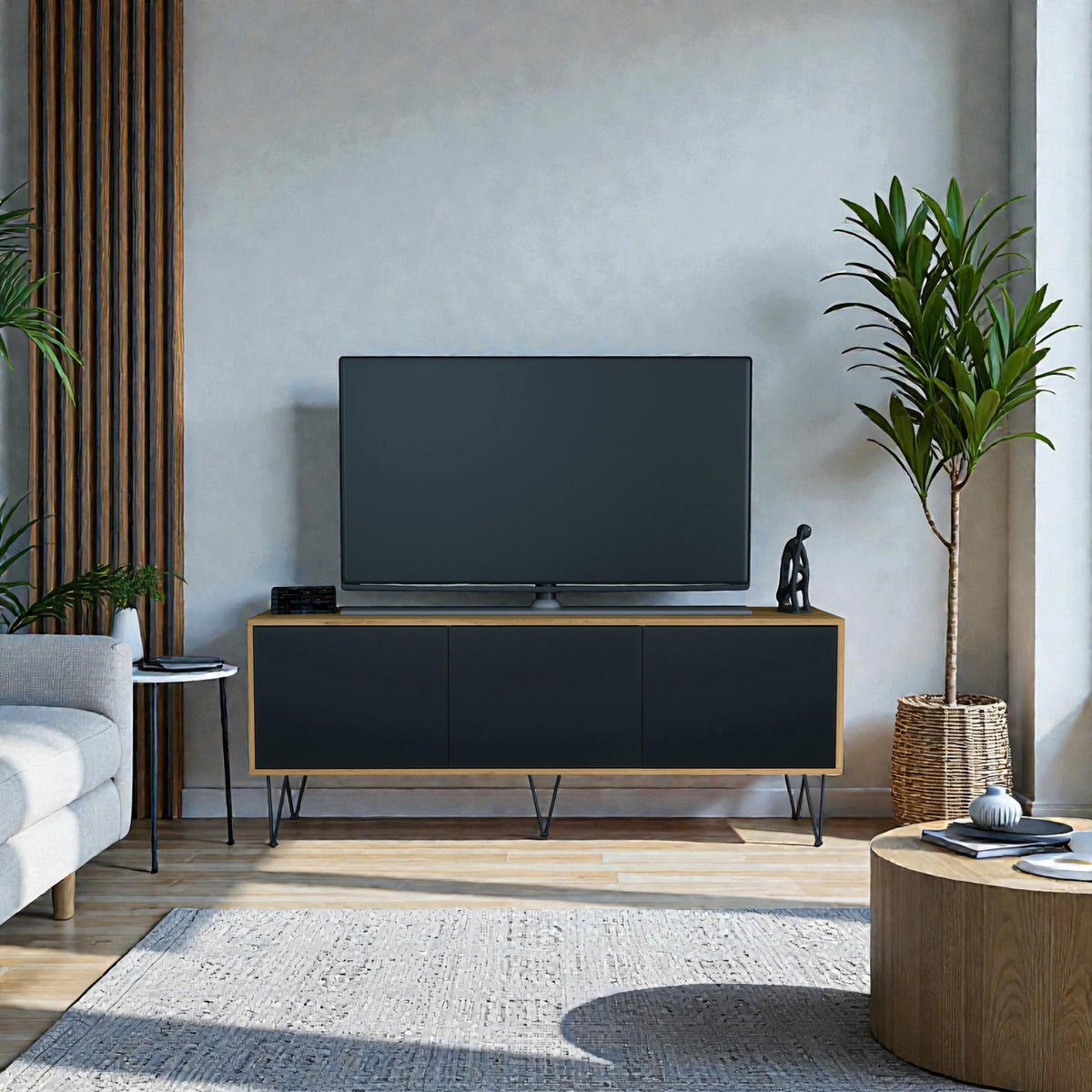 TV-BOARD Elisa, Lowboard mit Push-to-Open, Made in Germany, Moderner Fernsehschrank, Eiche Evoke/Schwarz matt (152,5 x 60,5 x 37 cm) - Schwarz, Holzwerkstoff (152.5/60.5/37cm) - InnoFurn