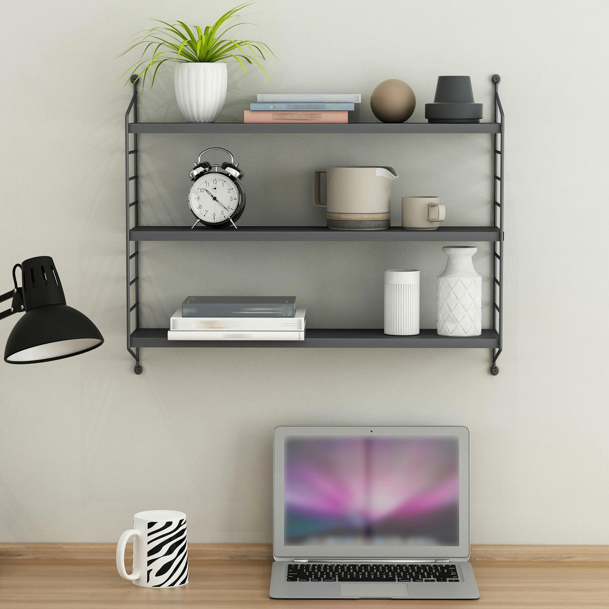 SADA NÁSTĚNNÝCH POLIČEK 4 KS Strängnäs - tmavě šedá, kov (60/50/15cm) - [en.casa]