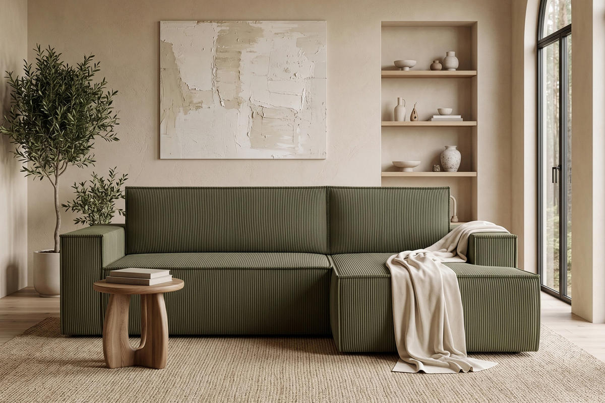 ECKSCHLAFSOFA-RECHTS NAPI in Pet Friendly Cord-Stoff, oliv - Schwarz/Olivgrün, Textil (262/148cm) - KONSIMO®