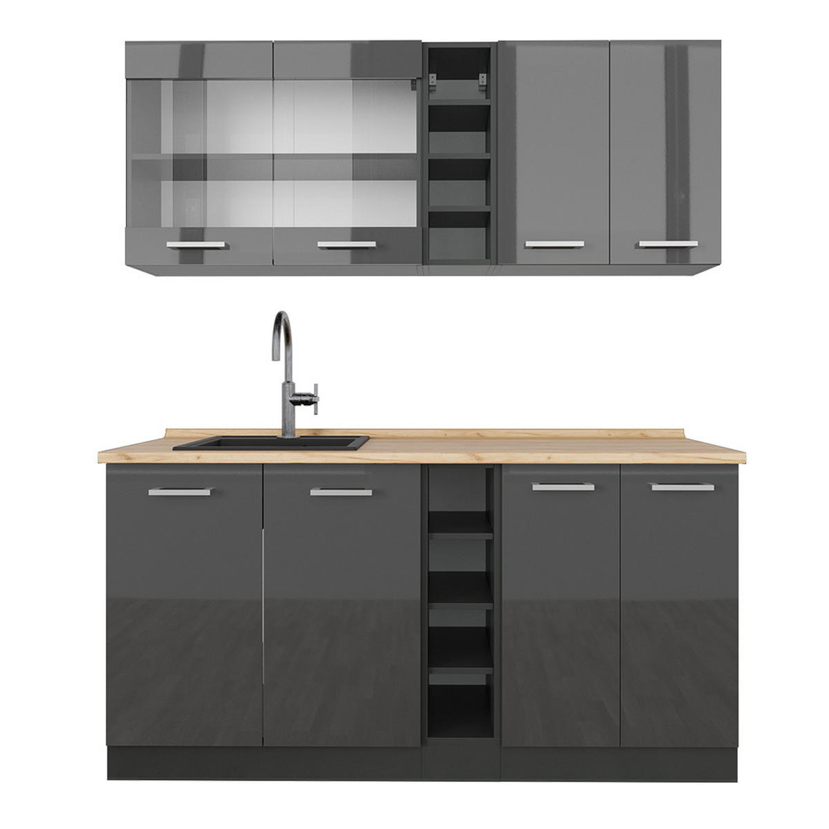 SINGLEKÜCHE R-Line Anthrazit Hochglanz/Anthrazit 160 cm ohne Arbeitsplatte - Anthrazit, Holzwerkstoff (160/81.6/46cm) - Vicco