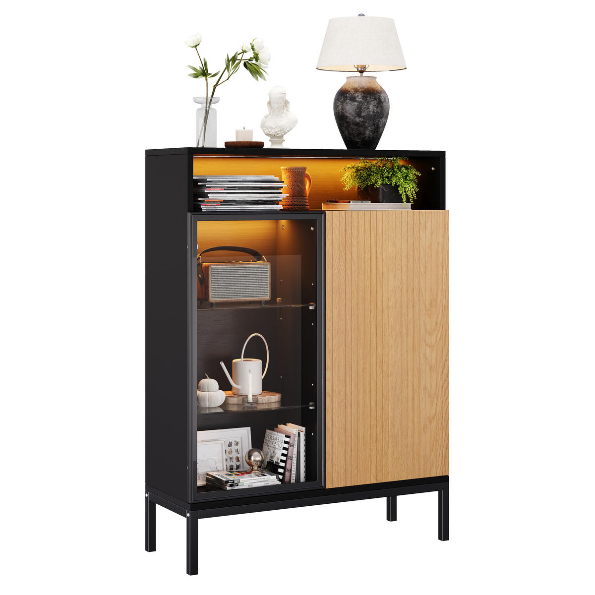 VITRINE 80x30x110 cm mit LED und Glastür - Schwarz/Braun, Holzwerkstoff (80/110/30cm) - FLIEKS