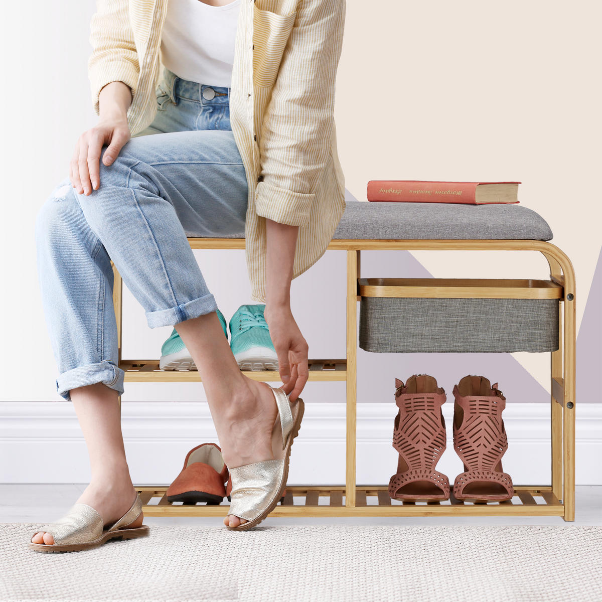 SCHUHBANK - Hellbraun, Holz/Textil (69/45/30cm) - Relaxdays