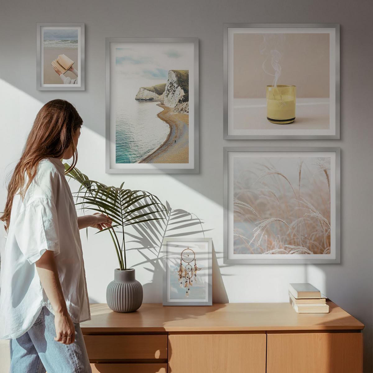 WANDBILDER 5er Set - 50x50 cm & 20x30 cm & 40x60 cm Silberner Rahmen - Charmante italienische Straßen und Blumen - Silberfarben, Kunststoff (40/60cm) - ArtPrintCave