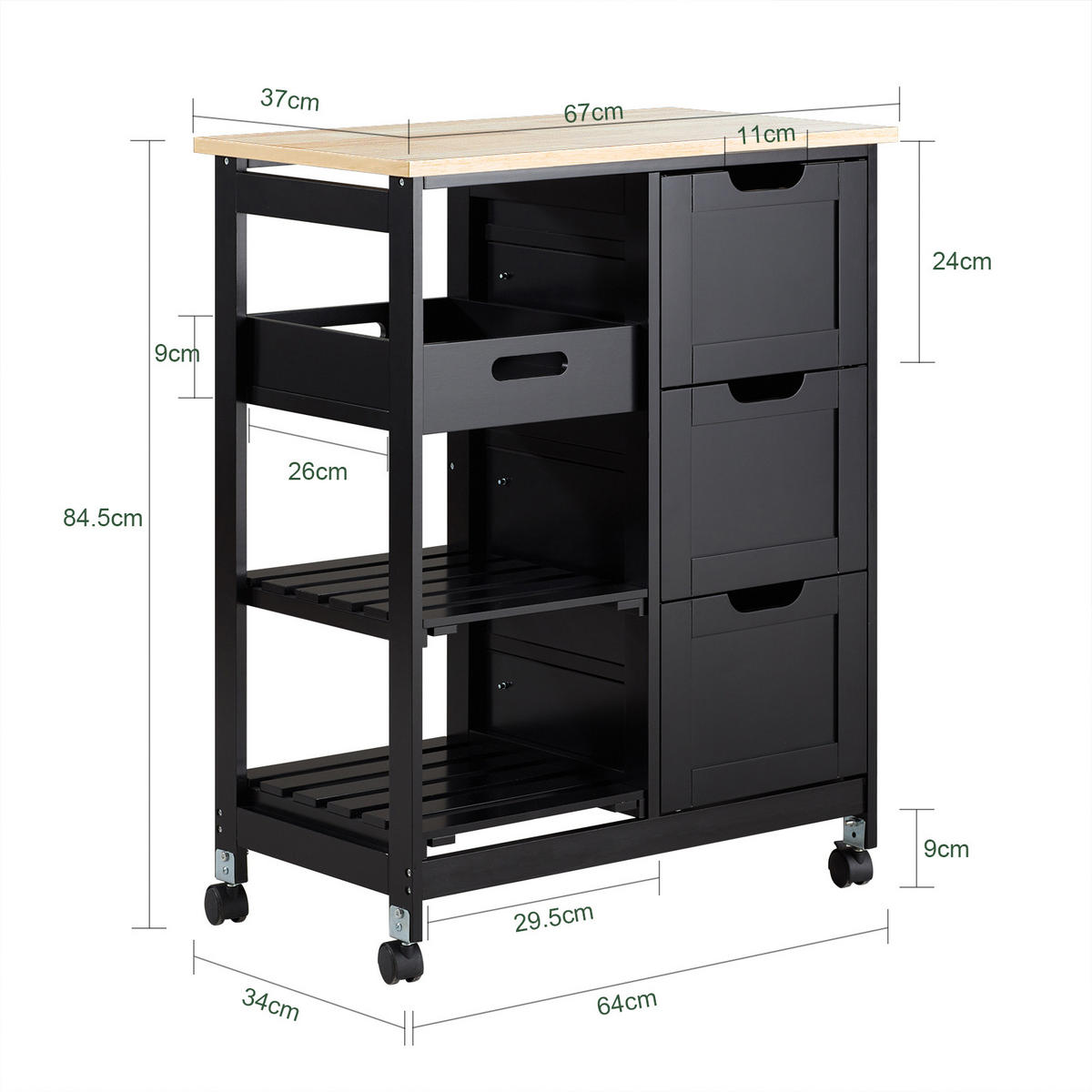 SERVIERWAGEN mit Rollen, Schwarz, 68x85x38cm, bis 50kg - Schwarz, Holz/Holzwerkstoff (68/85/38cm) - SoBuy