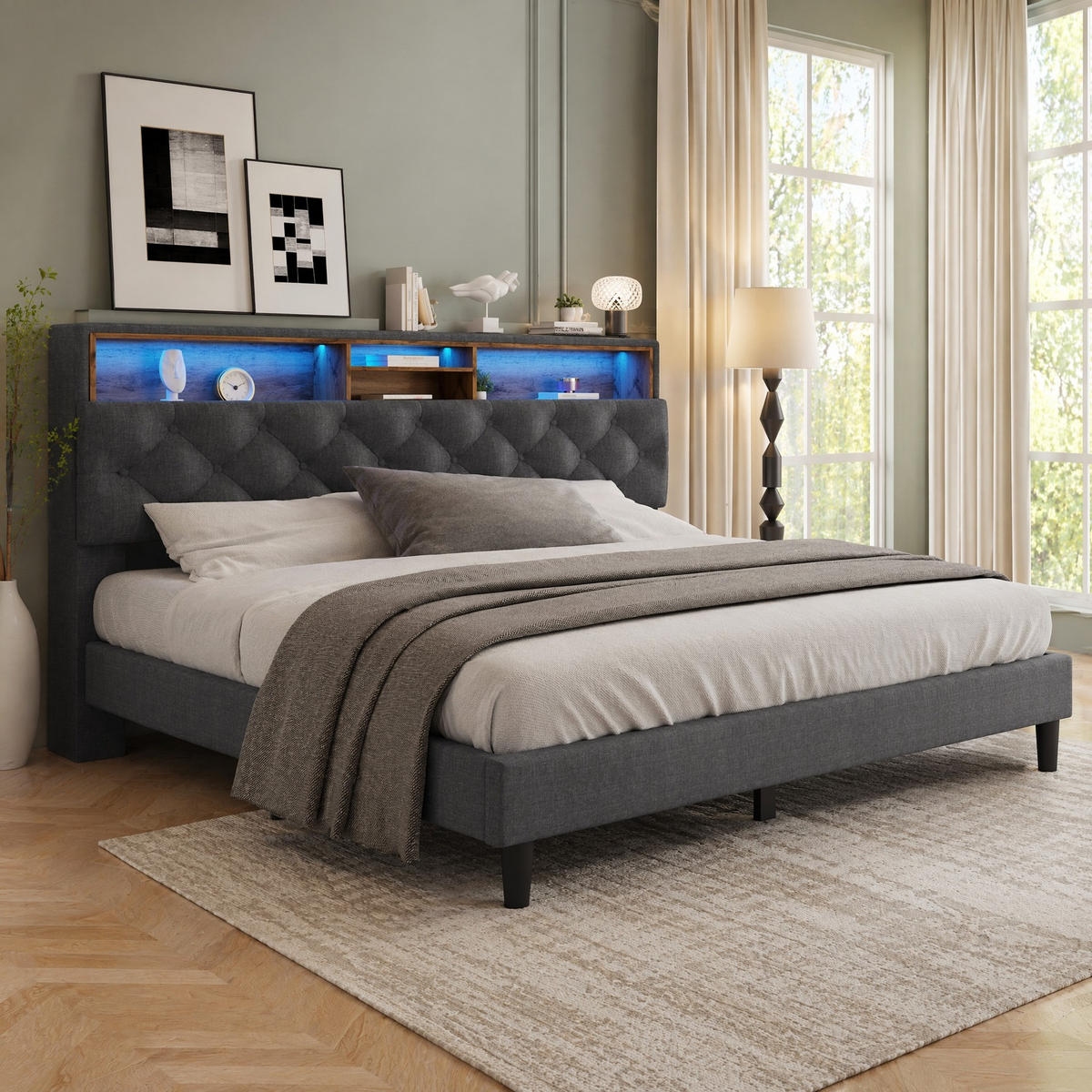 POLSTERBETT 140/200 mit Stauraum-Kopfteil und LED in Grau - Grau, Holzwerkstoff/Textil (140/200cm) - EVRYAE