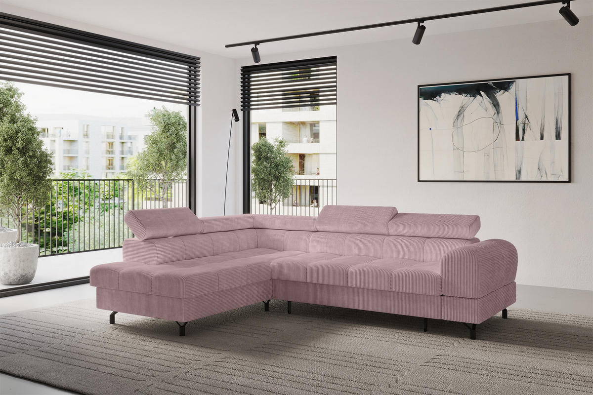 ECKSOFA mit Schlaffunktion Ottomane Links LUMA-L 272x203x70 Rosa Cord - Schwarz/Rosa, Holzwerkstoff/Kunststoff (272/203cm) - ALTDECOR