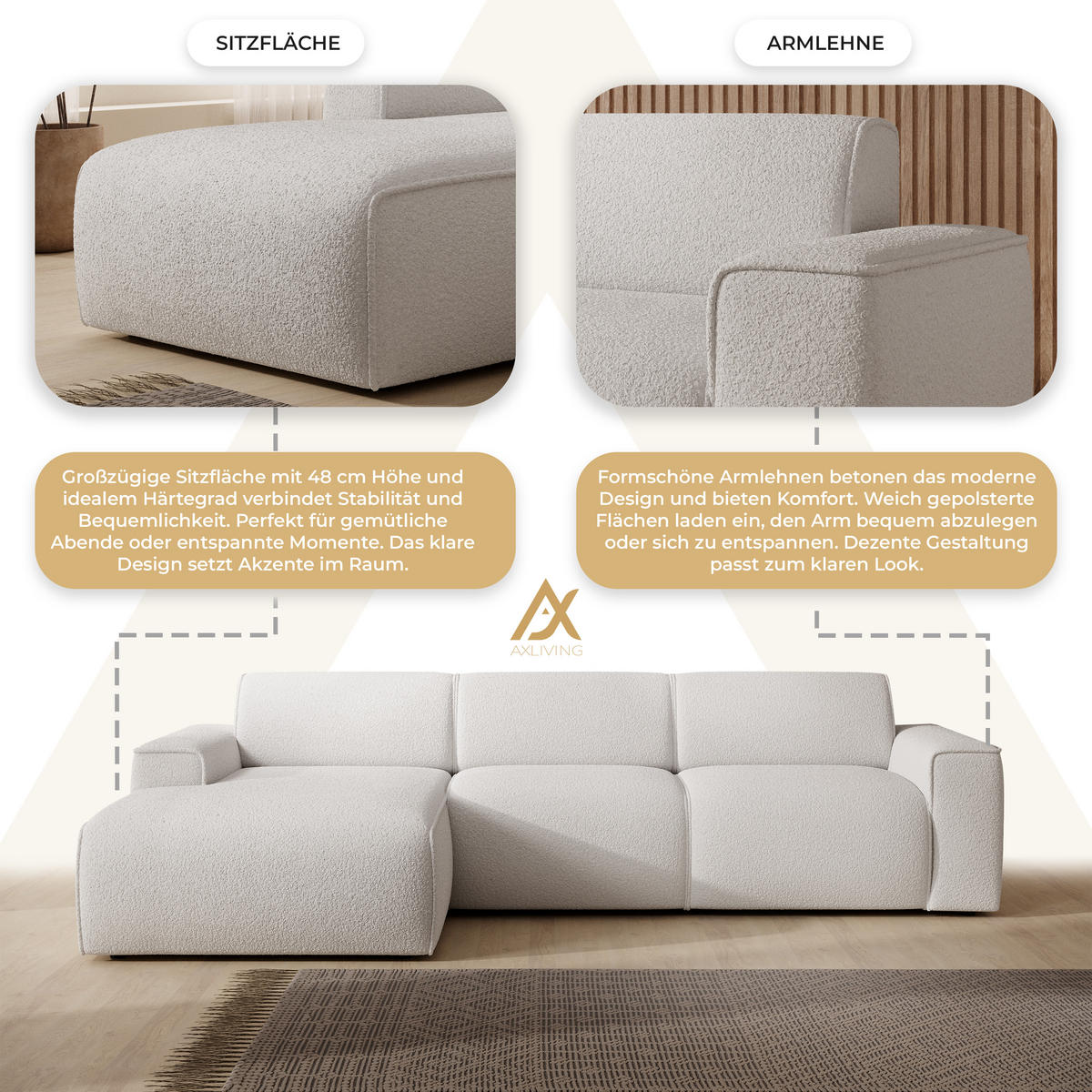 ECKSOFA L Form Didim mini Weiß 310/165/78 cm – stilvolle kleine Eckcouch L - Schwarz/Weiß, Kunststoff/Textil (165/310cm) - AX Living
