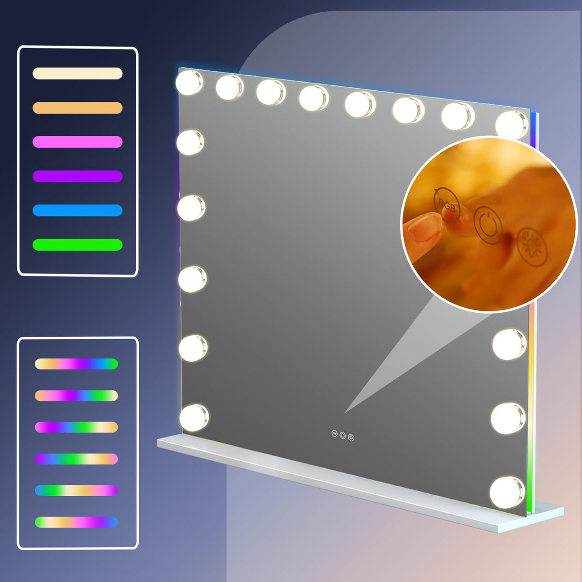 SCHMINKSPIEGEL mit LED-Beleuchtung und RGB-Hintergrundbeleuchtung weiß 80/58 cm - Weiß, Metall (80/58/3cm) - VANITII