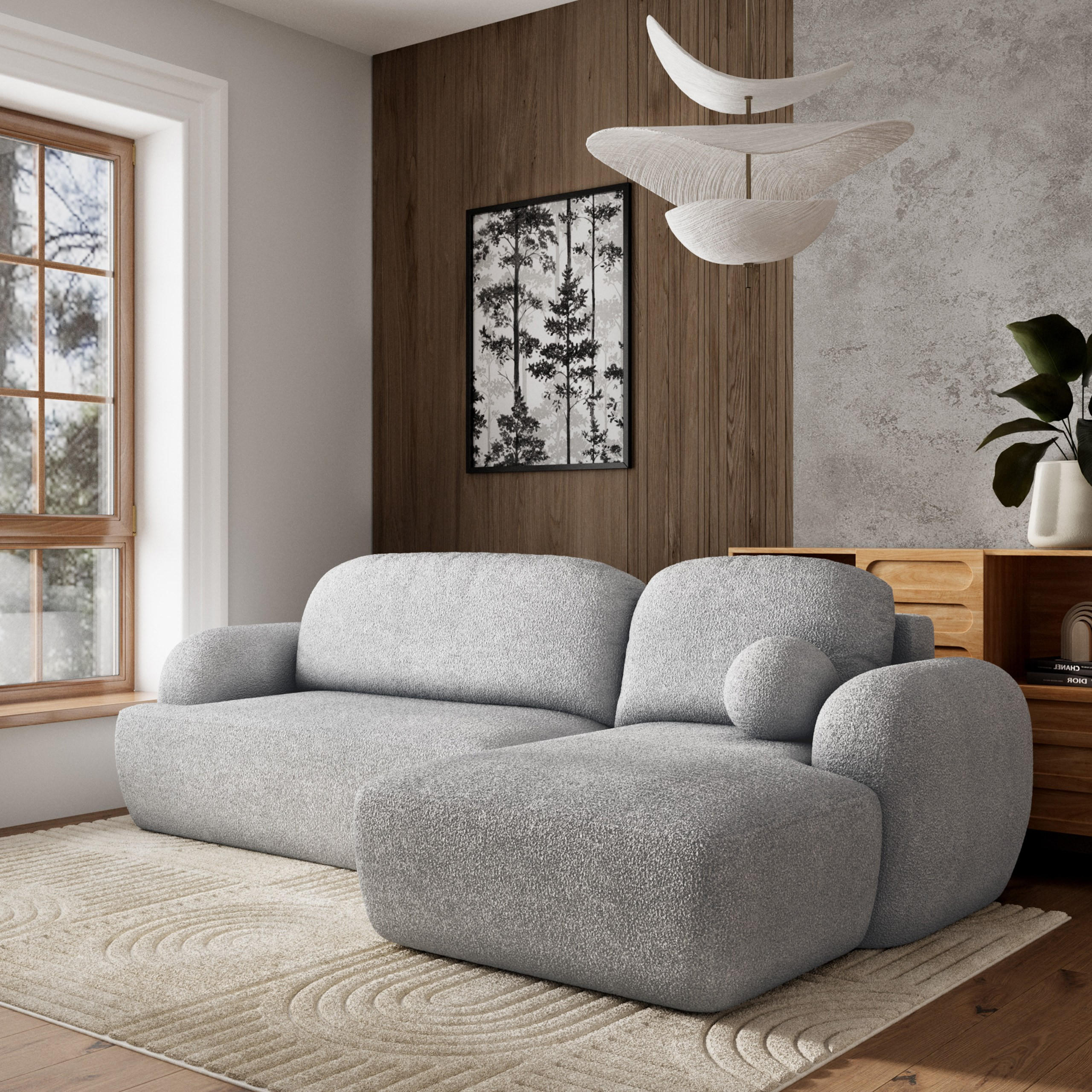 ECKSOFA MODENZA N R-S Hellgrau Boucle-Stoff mit Schlaffunktion - Hellgrau, Holz (266/148cm) - MASSENO